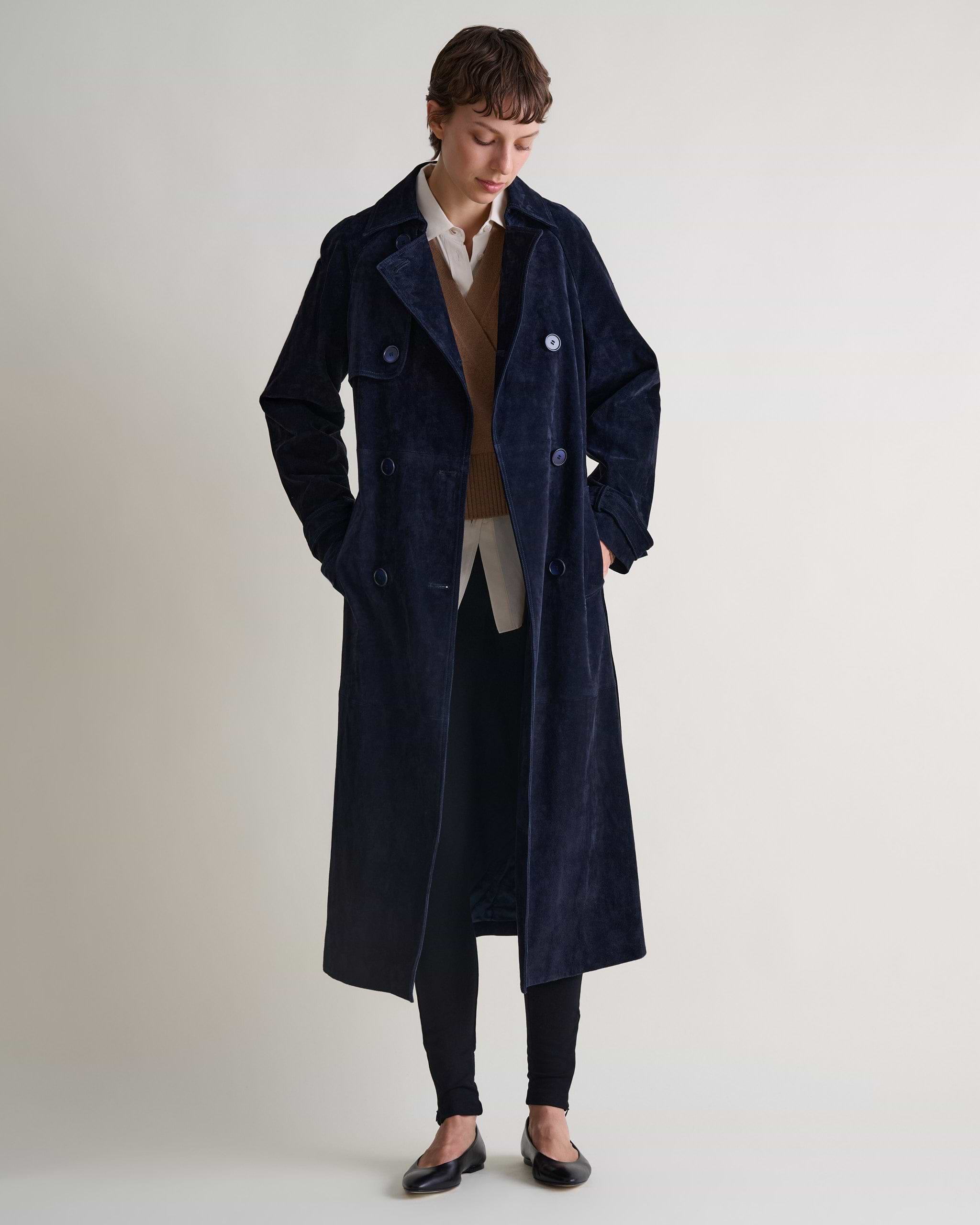 Suede Trench Coat - Navy