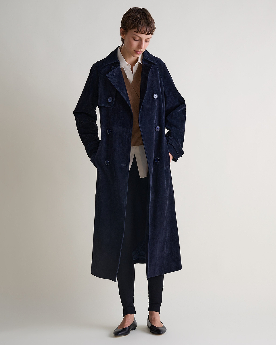 Suede Trench Coat - Navy