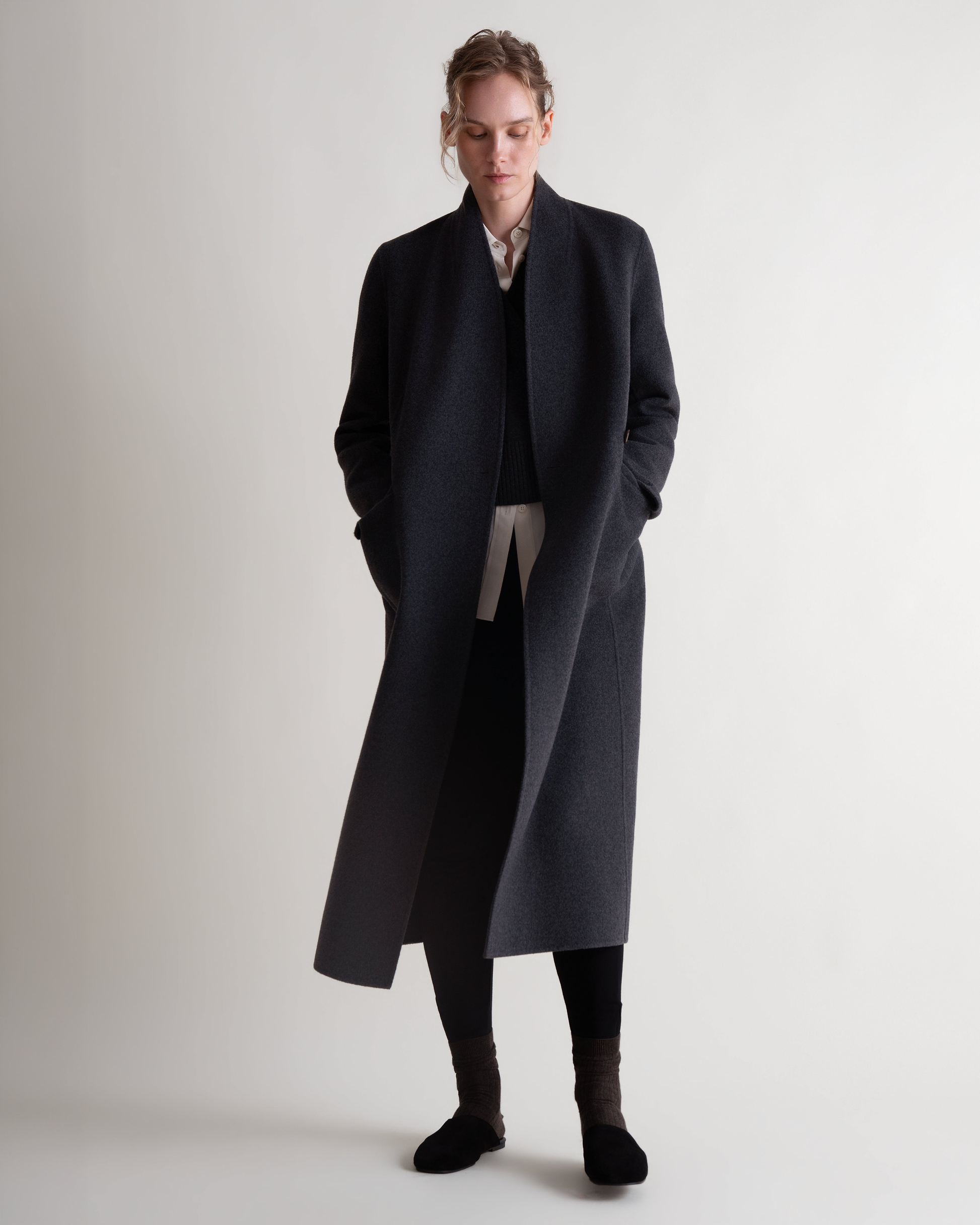 Women's Cashmere Wool Wrap Coat - Charcoal