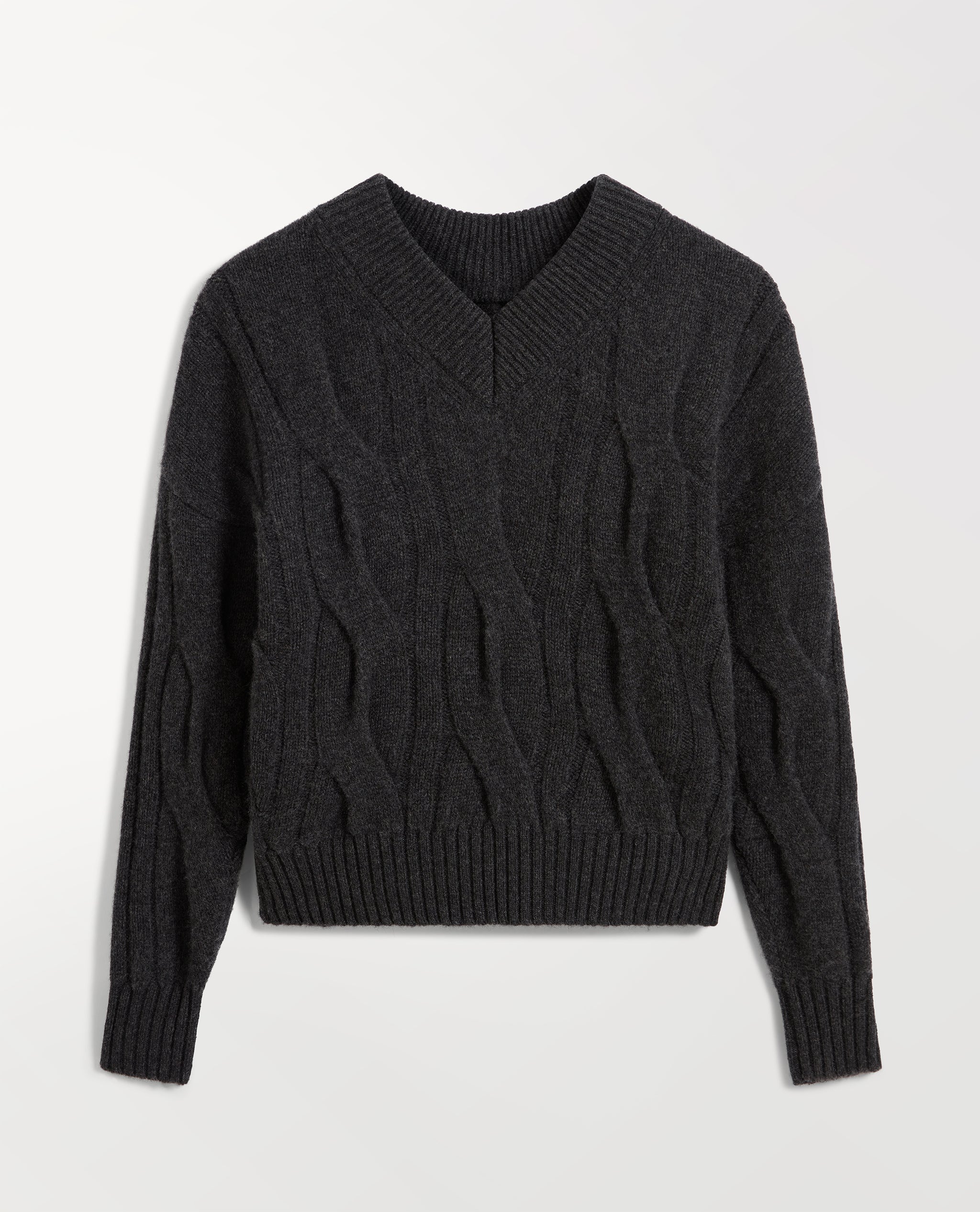 Lambswool Cable Knit V-neck Jumper - Graphite