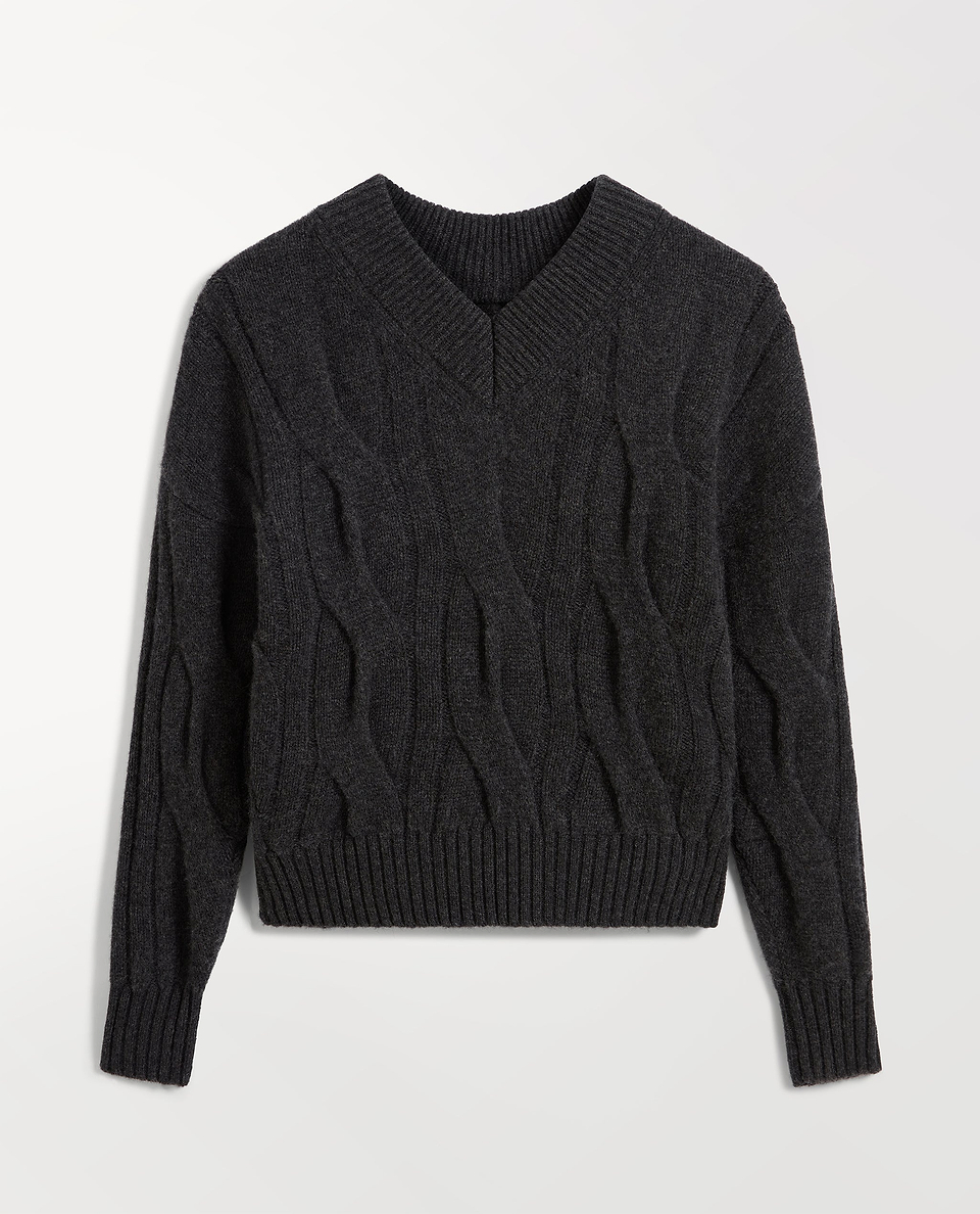 Lambswool Cable Knit V-neck Jumper - Graphite