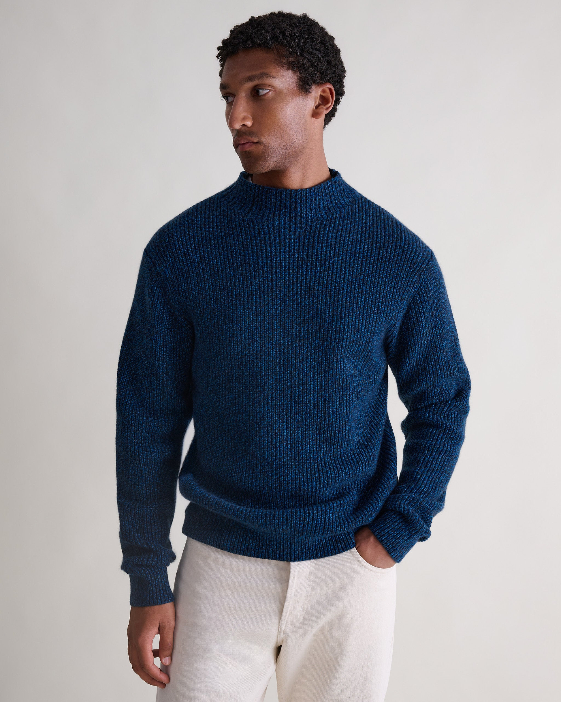 Men's Cashmere Merino Stand Neck Jumper - Mood Indigo Moulinee