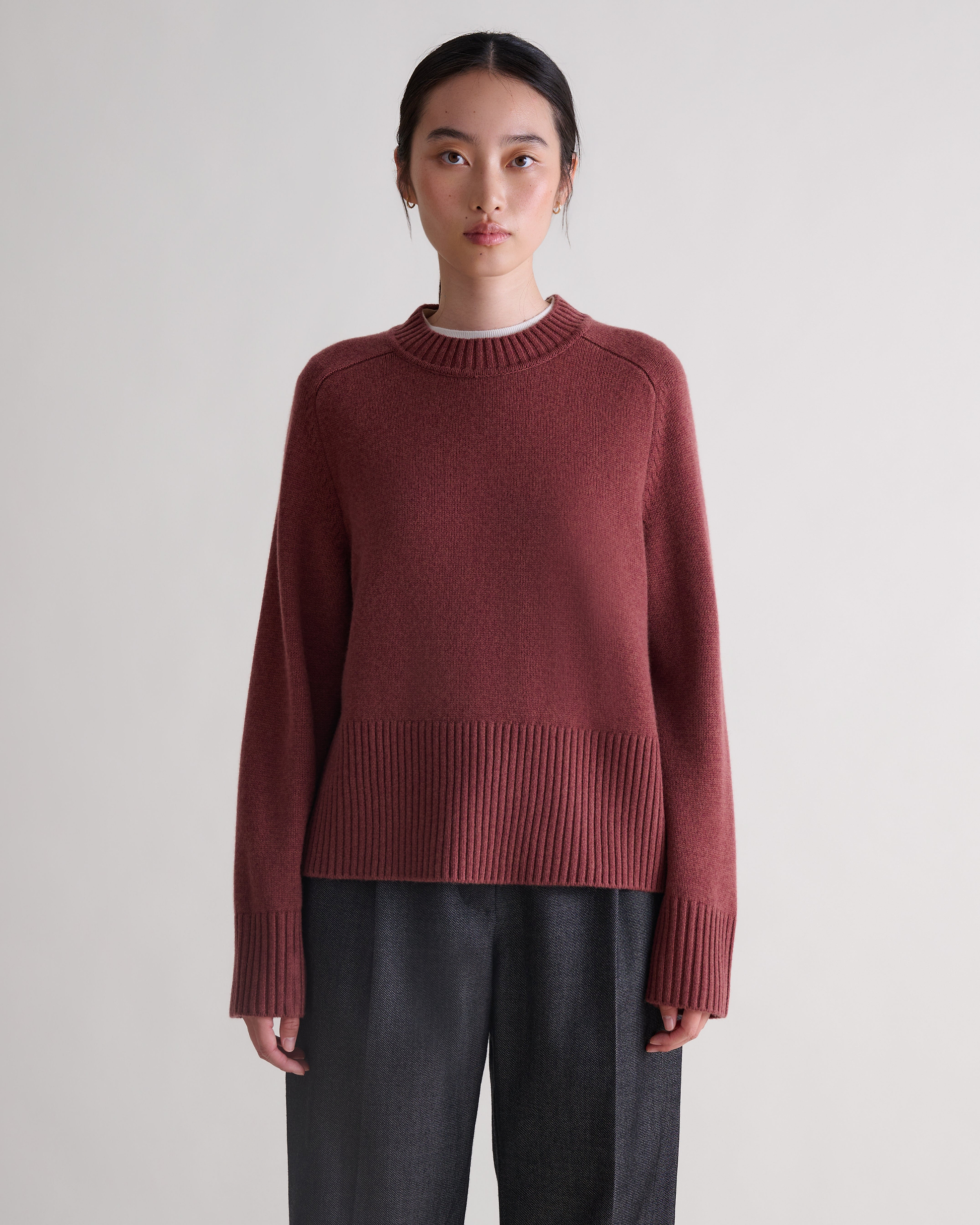 Women's Cashmere Merino Saddle Sleeve Crew Neck Jumper - Deep Clay