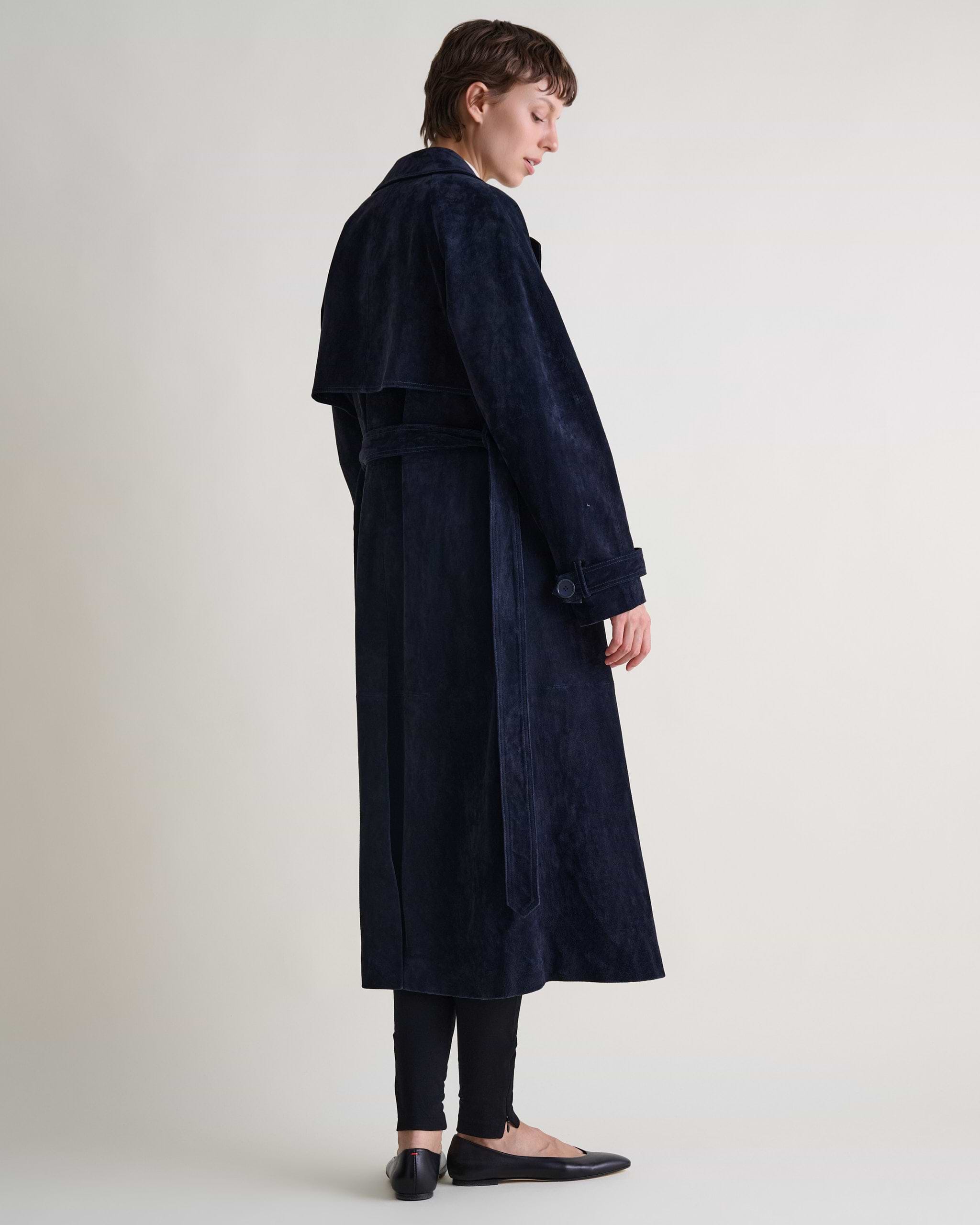 Suede Trench Coat - Navy