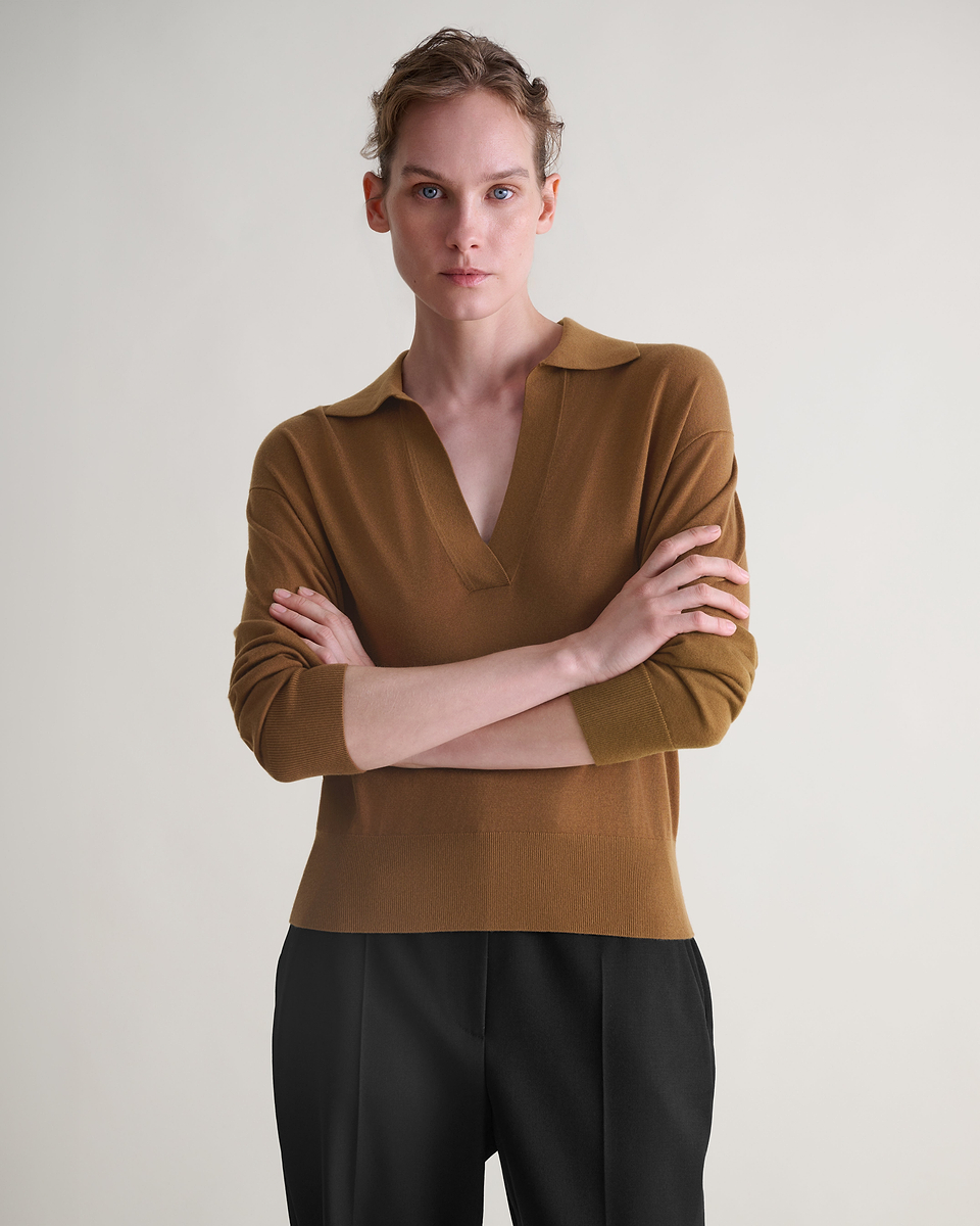 Women's TENCEL™ Cashmere Open Collar Polo - Deep Camel