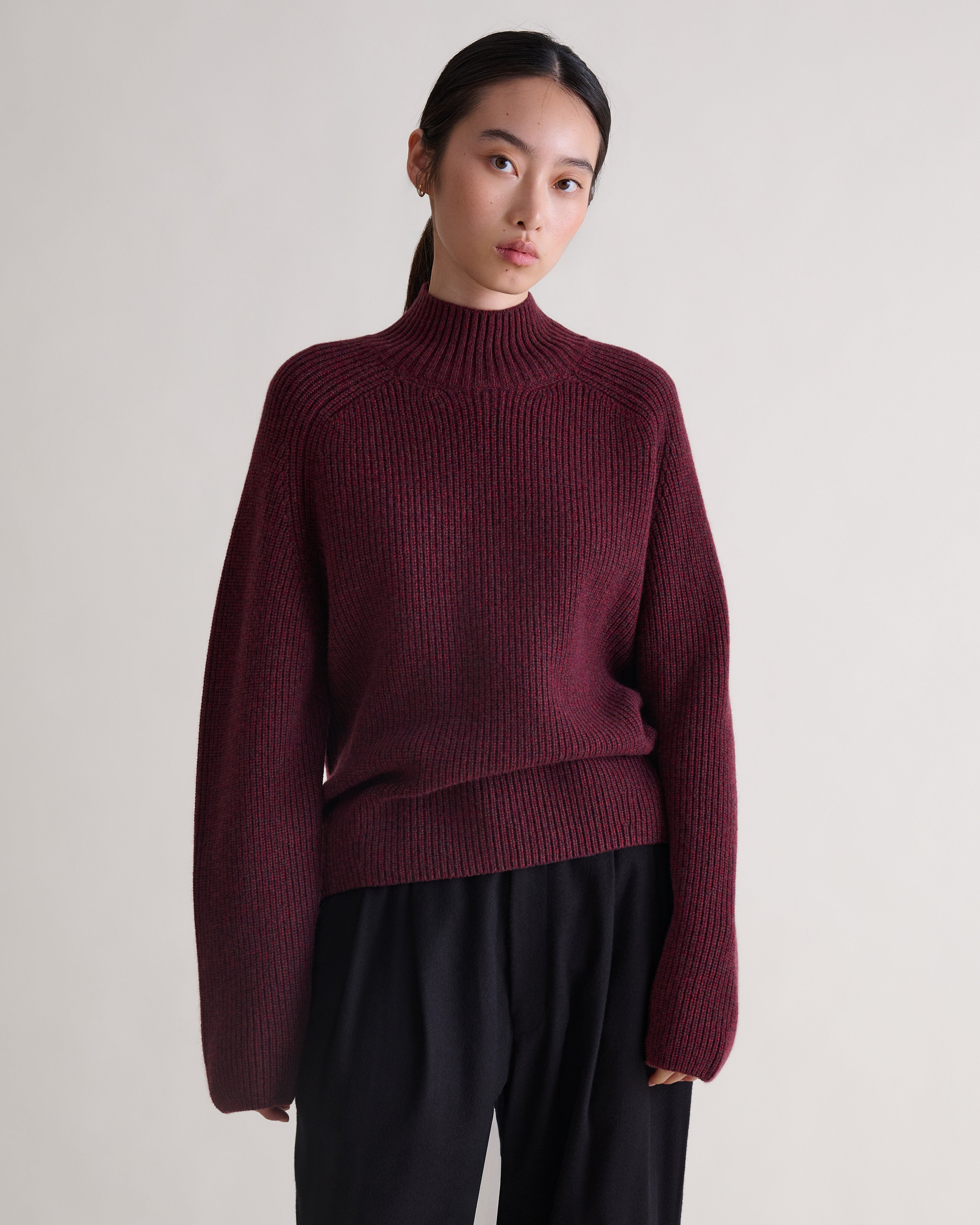 Women's Cashmere Merino Ribbed High Neck Jumper - Oxblood Moulinee