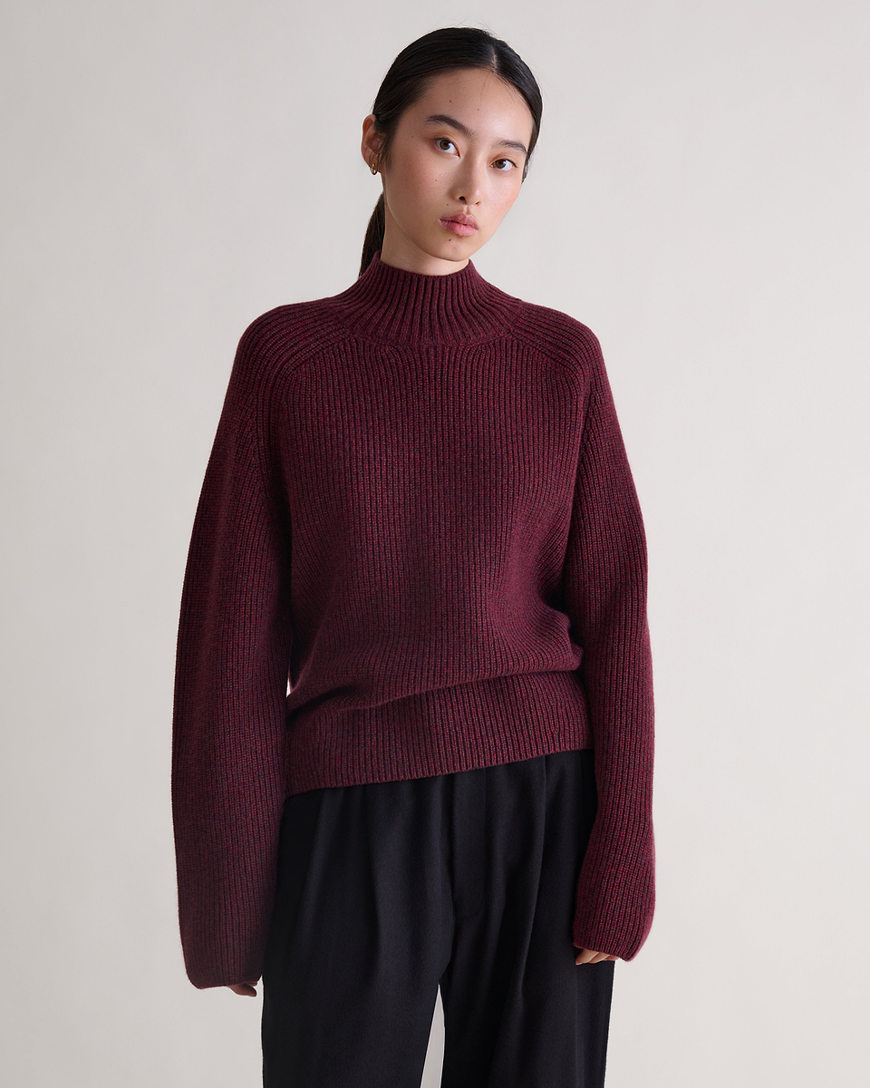 Women's Cashmere Merino Ribbed High Neck Jumper - Oxblood Moulinee
