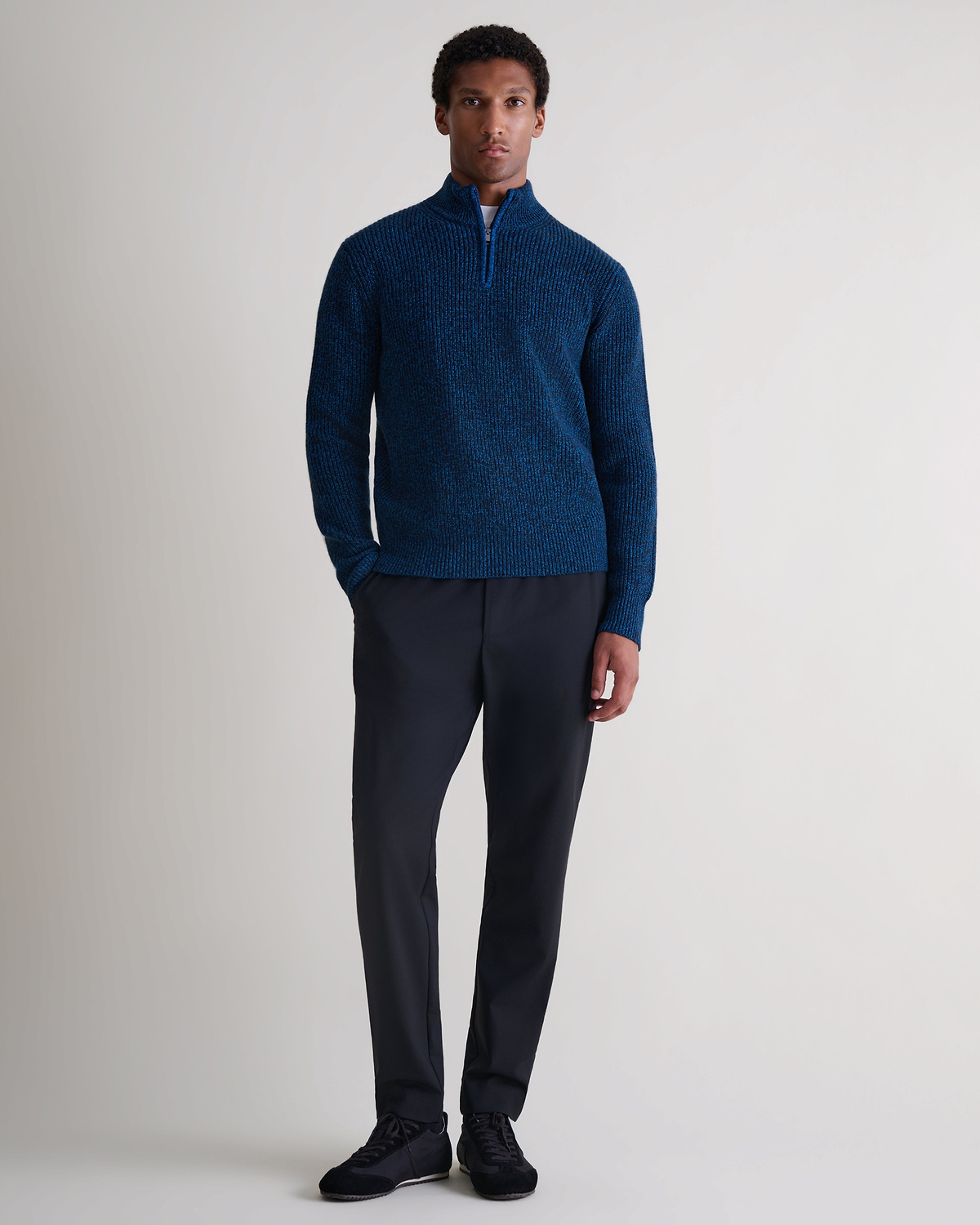 Men's Cashmere Merino Fishermans Rib 1/4 Zip Jumper - Mood Indigo Mouline
