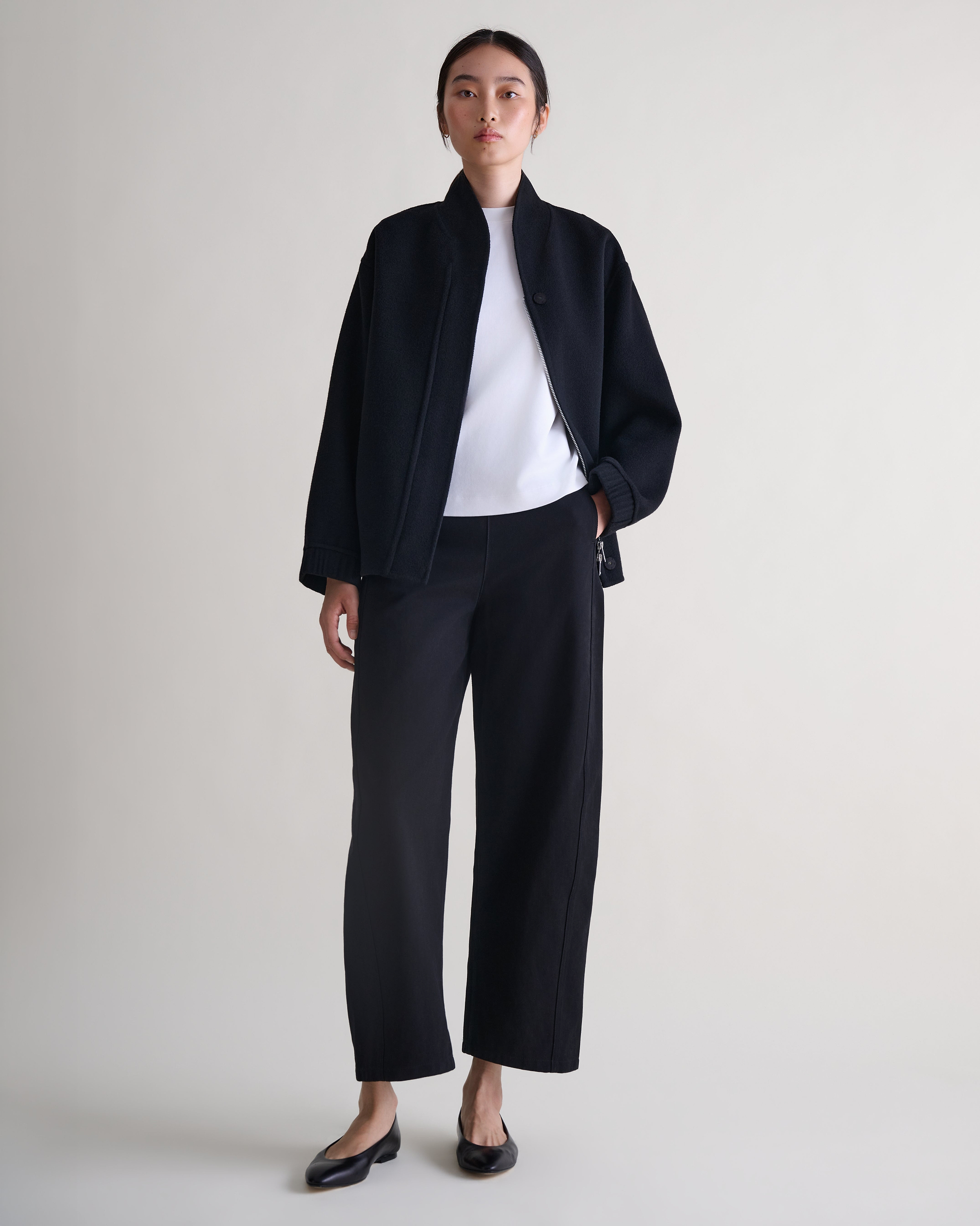 Women's Cashmere Wool Double Faced Bomber Jacket - Black