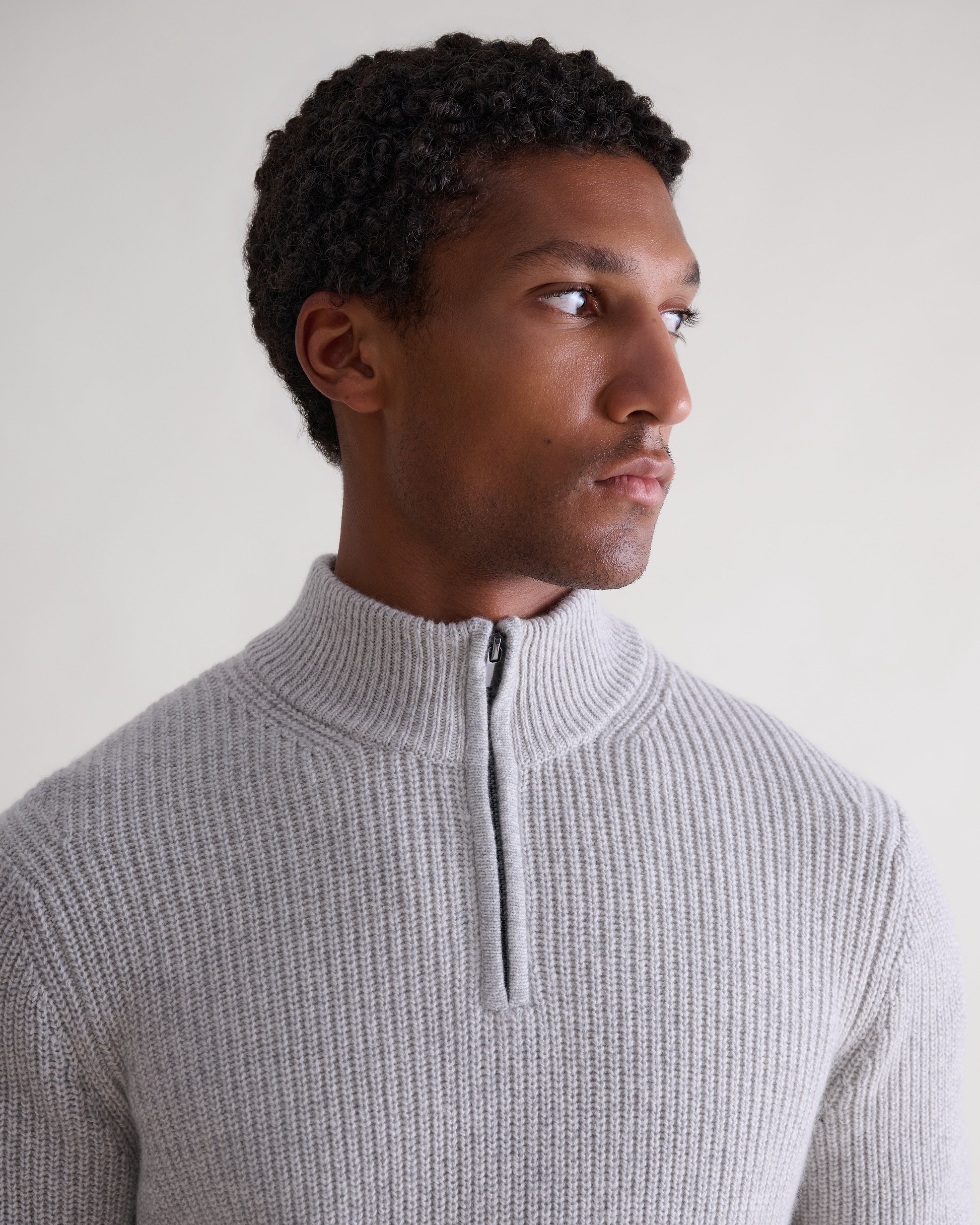 Men's Cashmere Merino Fishermans Rib 1/4 Zip Jumper - Travertine Moulinee