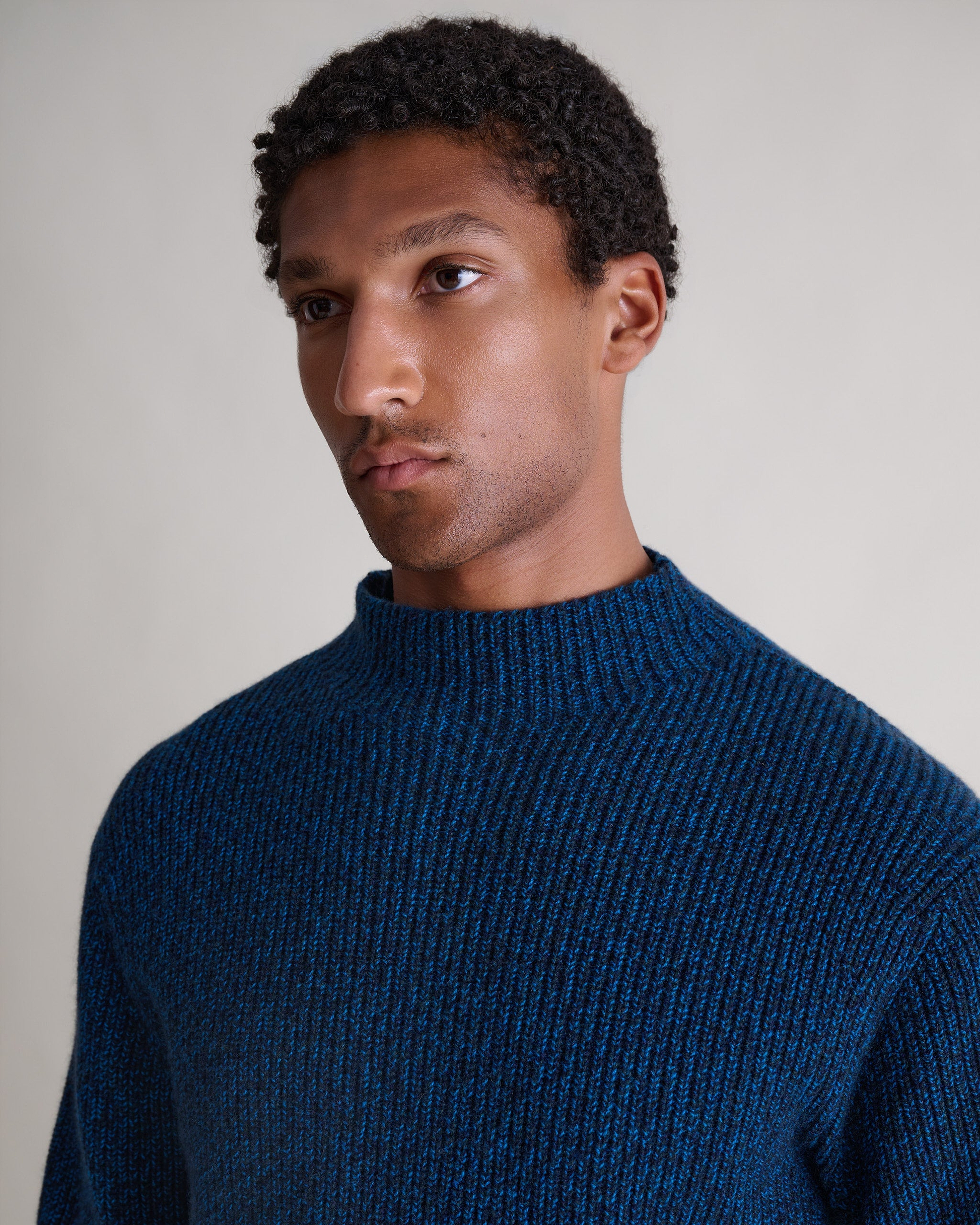 Men's Cashmere Merino Stand Neck Jumper - Mood Indigo Moulinee