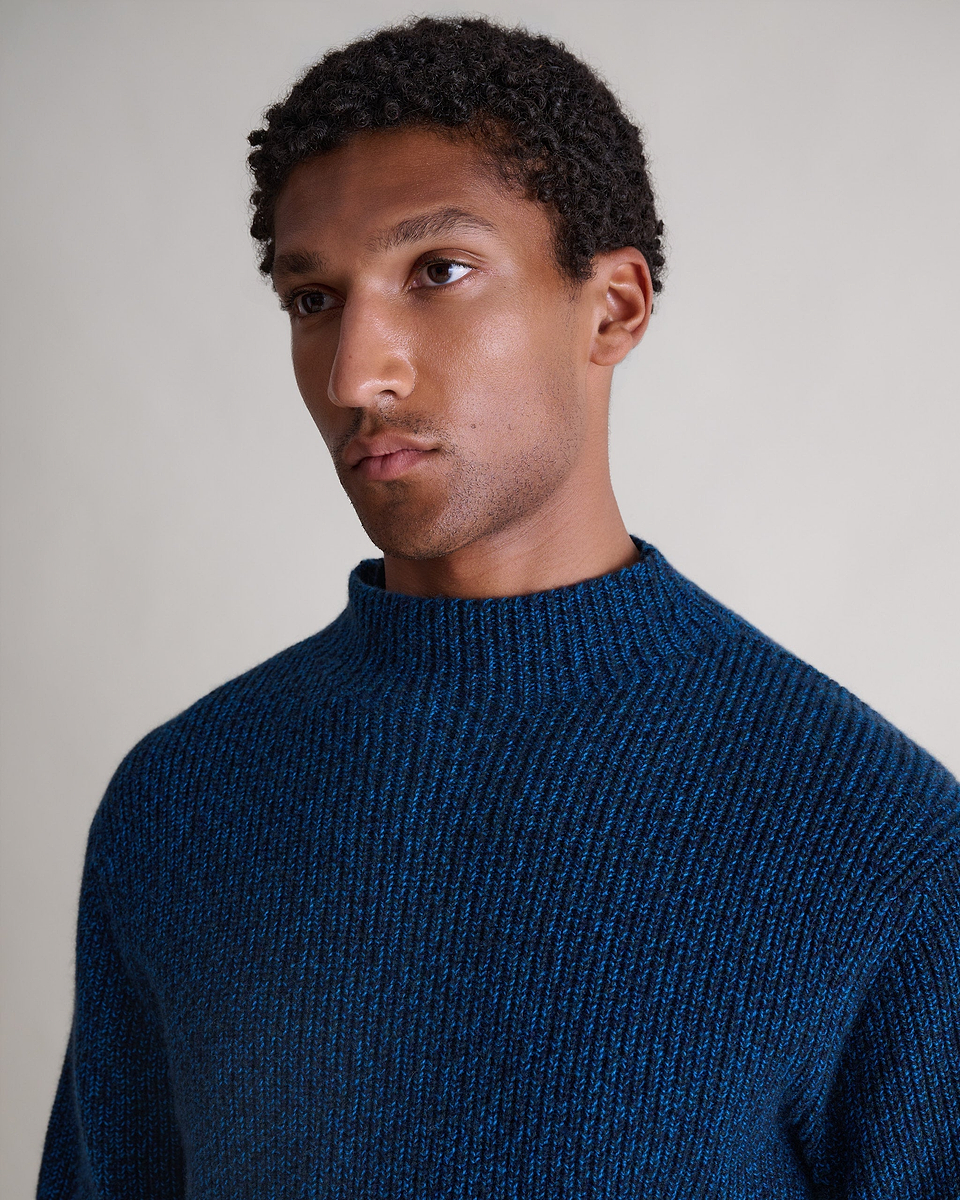 Men's Cashmere Merino Stand Neck Jumper - Mood Indigo Mouline