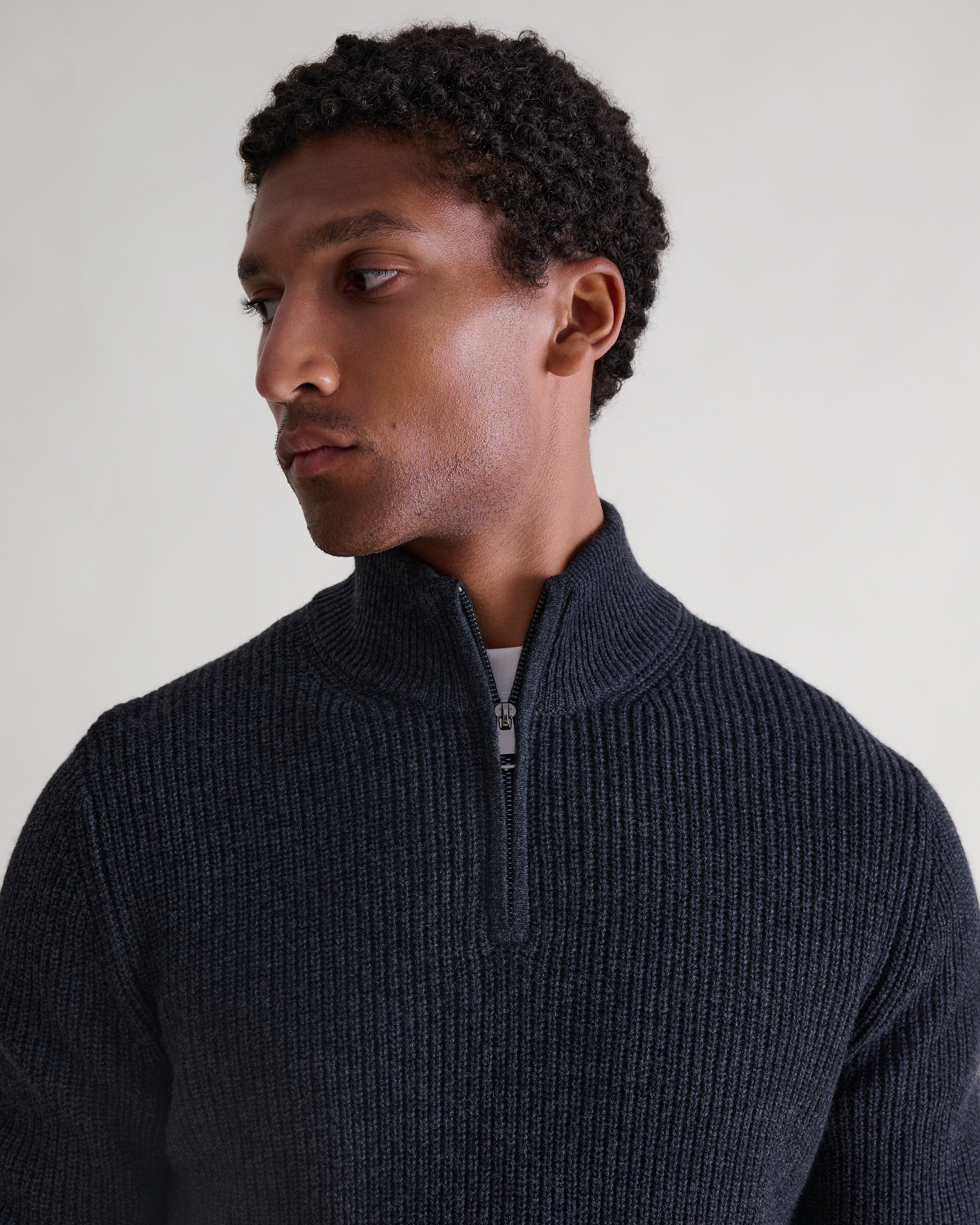 Men's Cashmere Merino Fishermans Rib 1/4 Zip Jumper - Charcoal