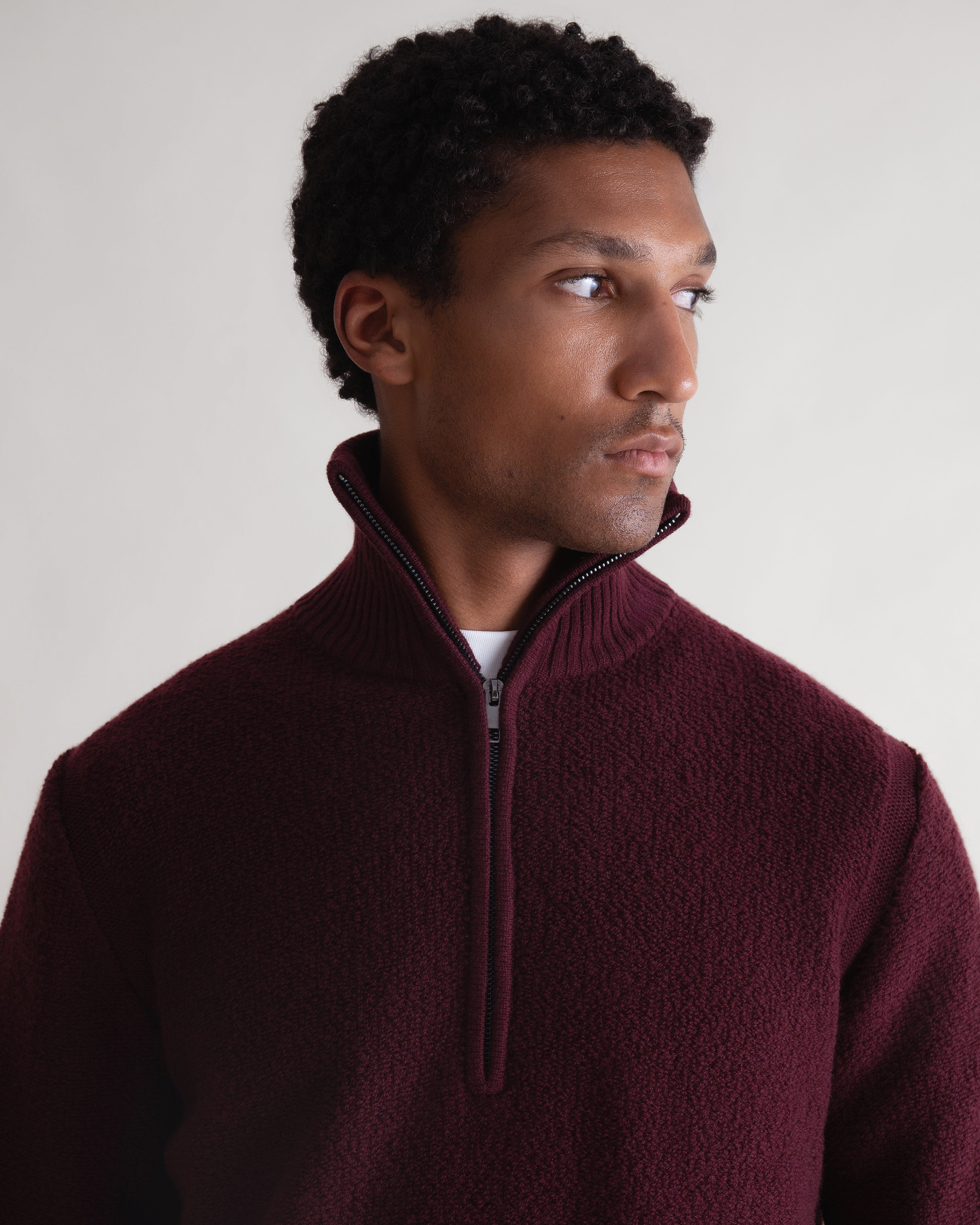 Merino Wool Loop Knit 1/4 Zip Jumper - Oxblood