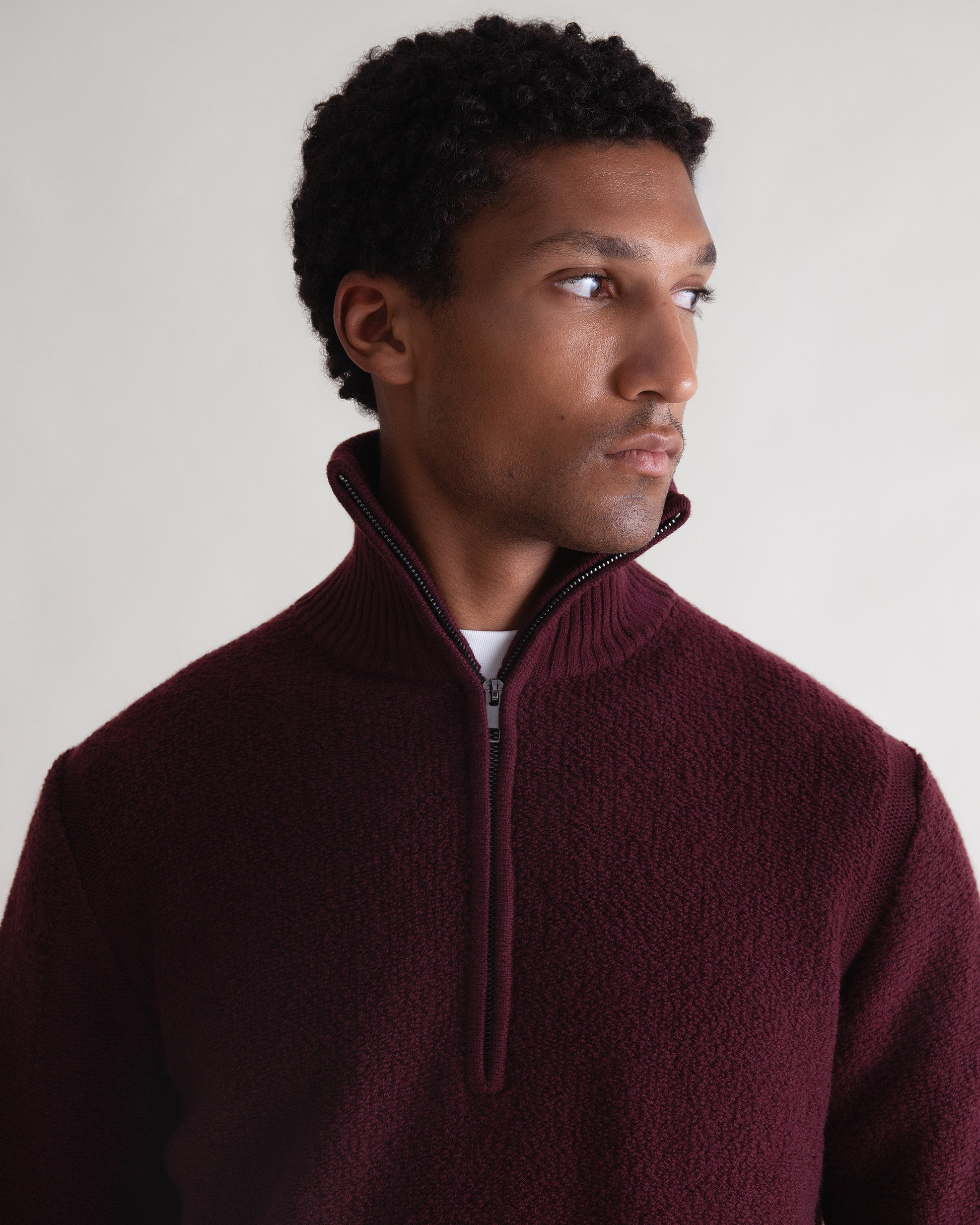 Merino Wool Loop Knit 1/4 Zip Jumper - Oxblood