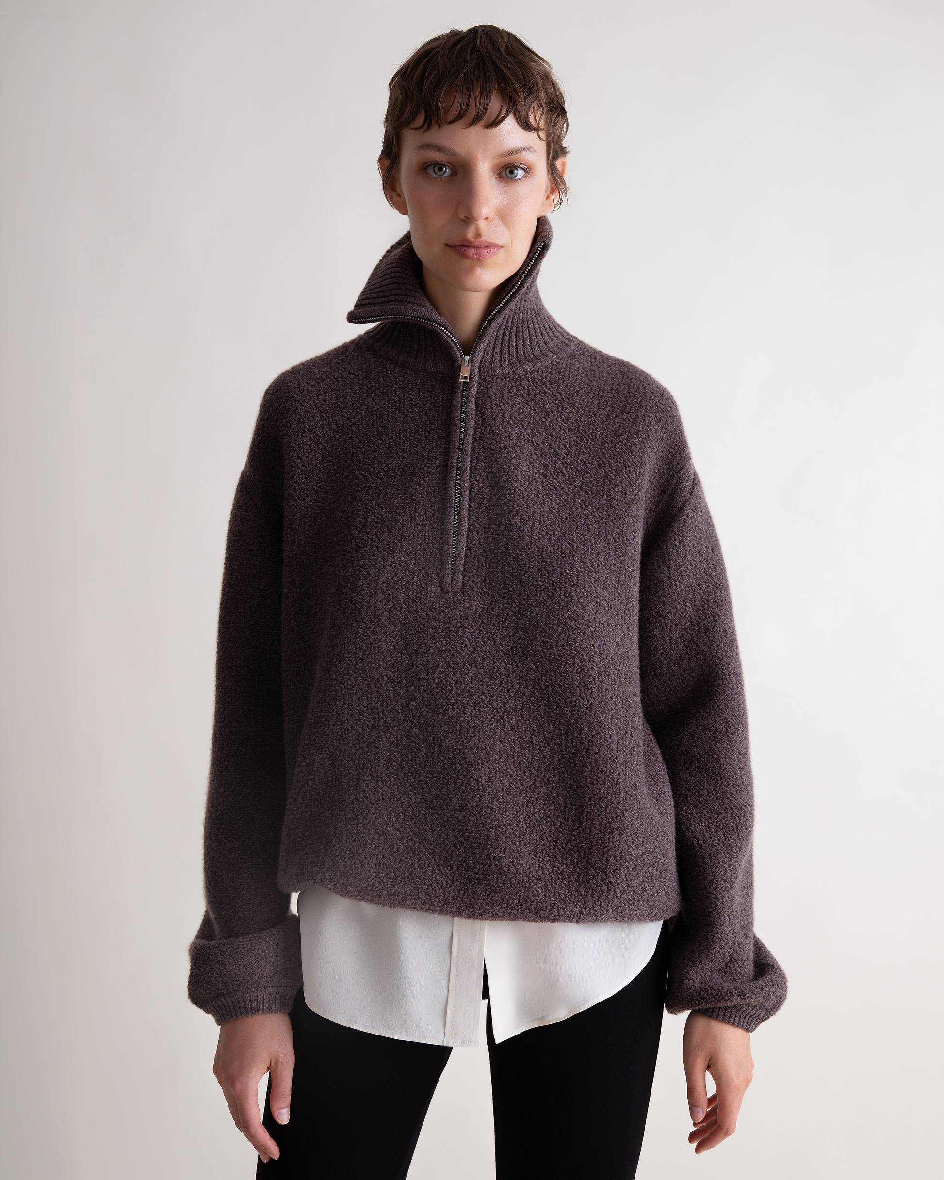 Women's Merino Wool Loop Knit Funnel Neck Jumper - Chocolate