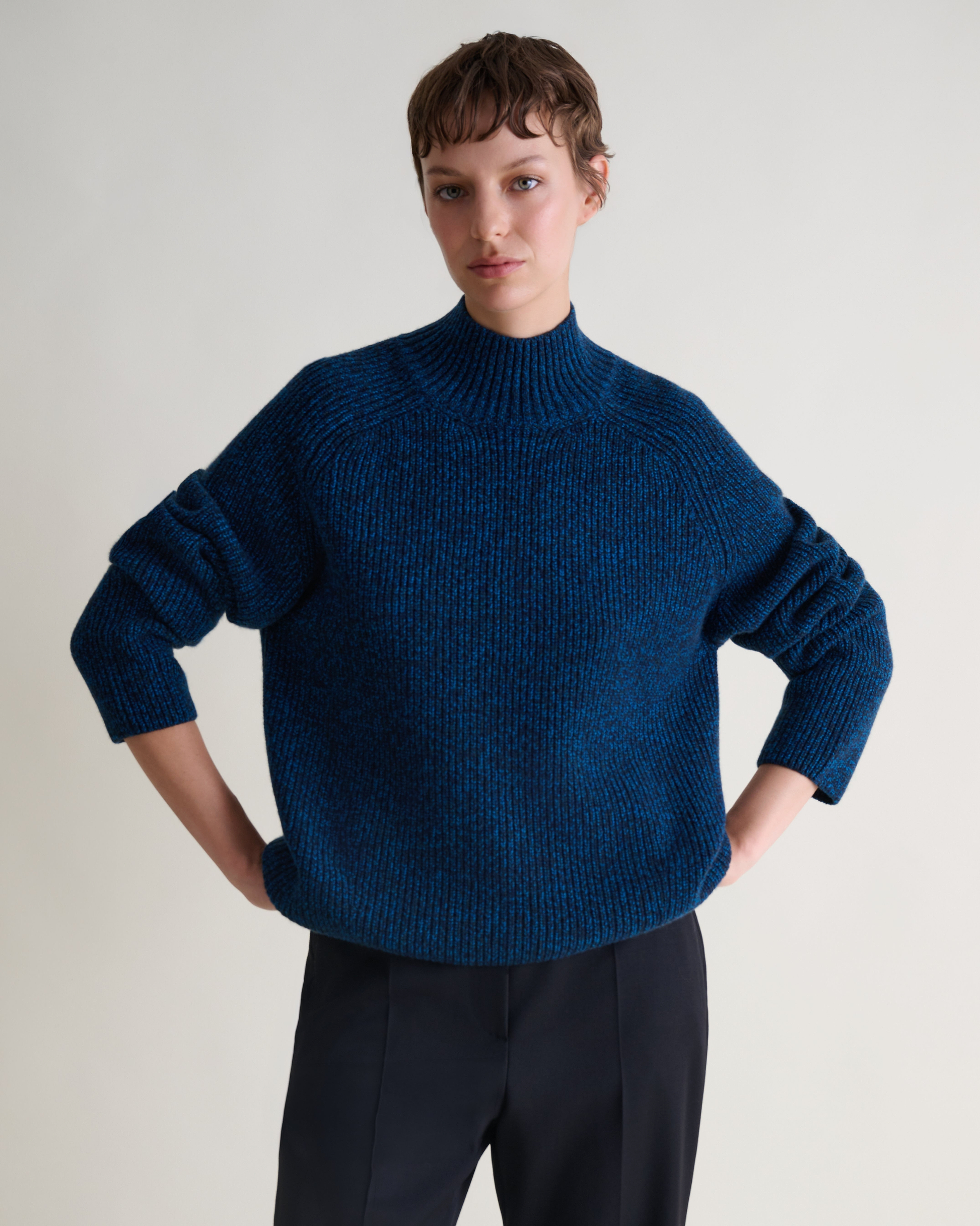 Women's Cashmere Merino Ribbed High Neck Jumper - Mood Indigo Moulinee
