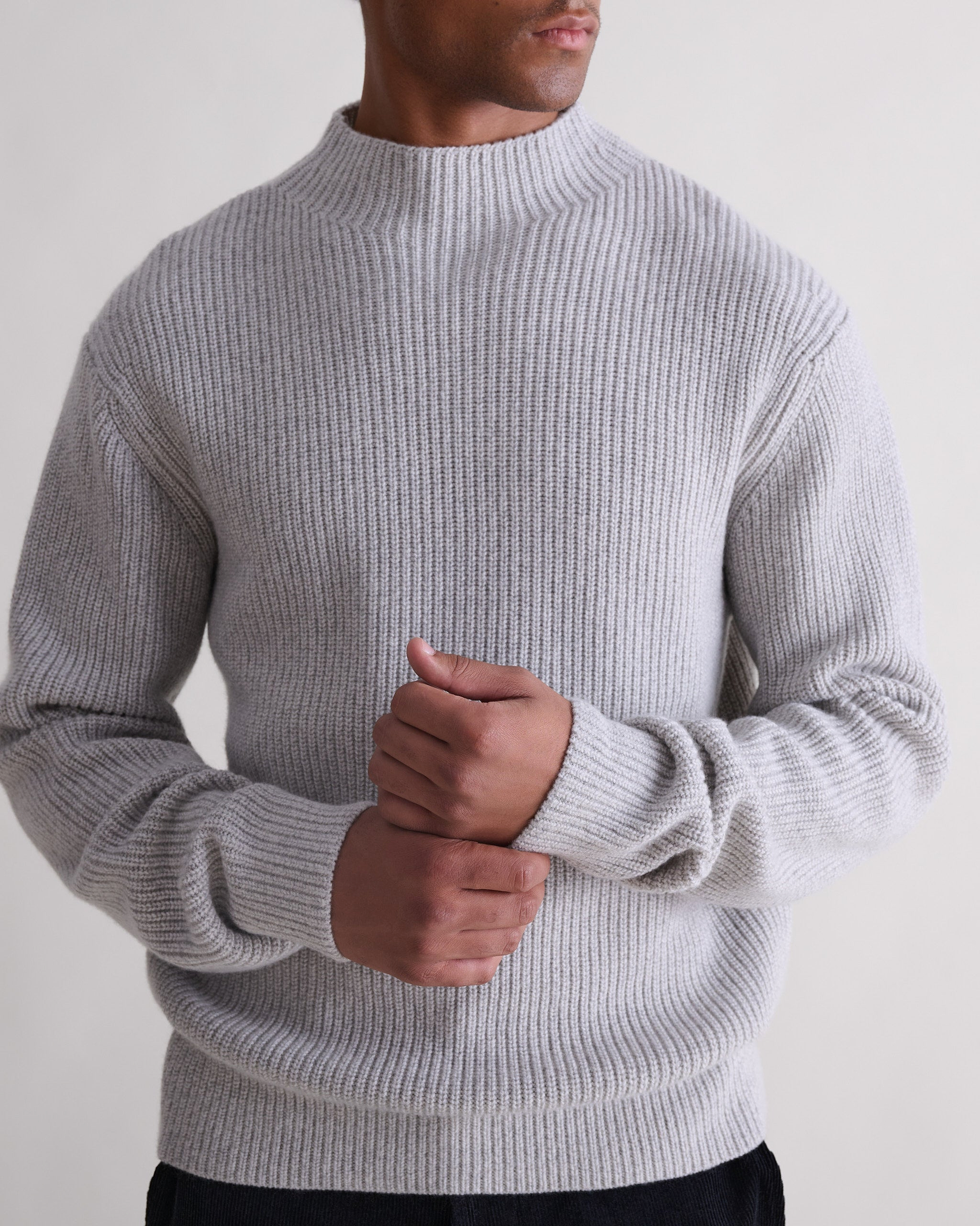 Men's Cashmere Merino Stand Neck Jumper - Travertine Moulinee