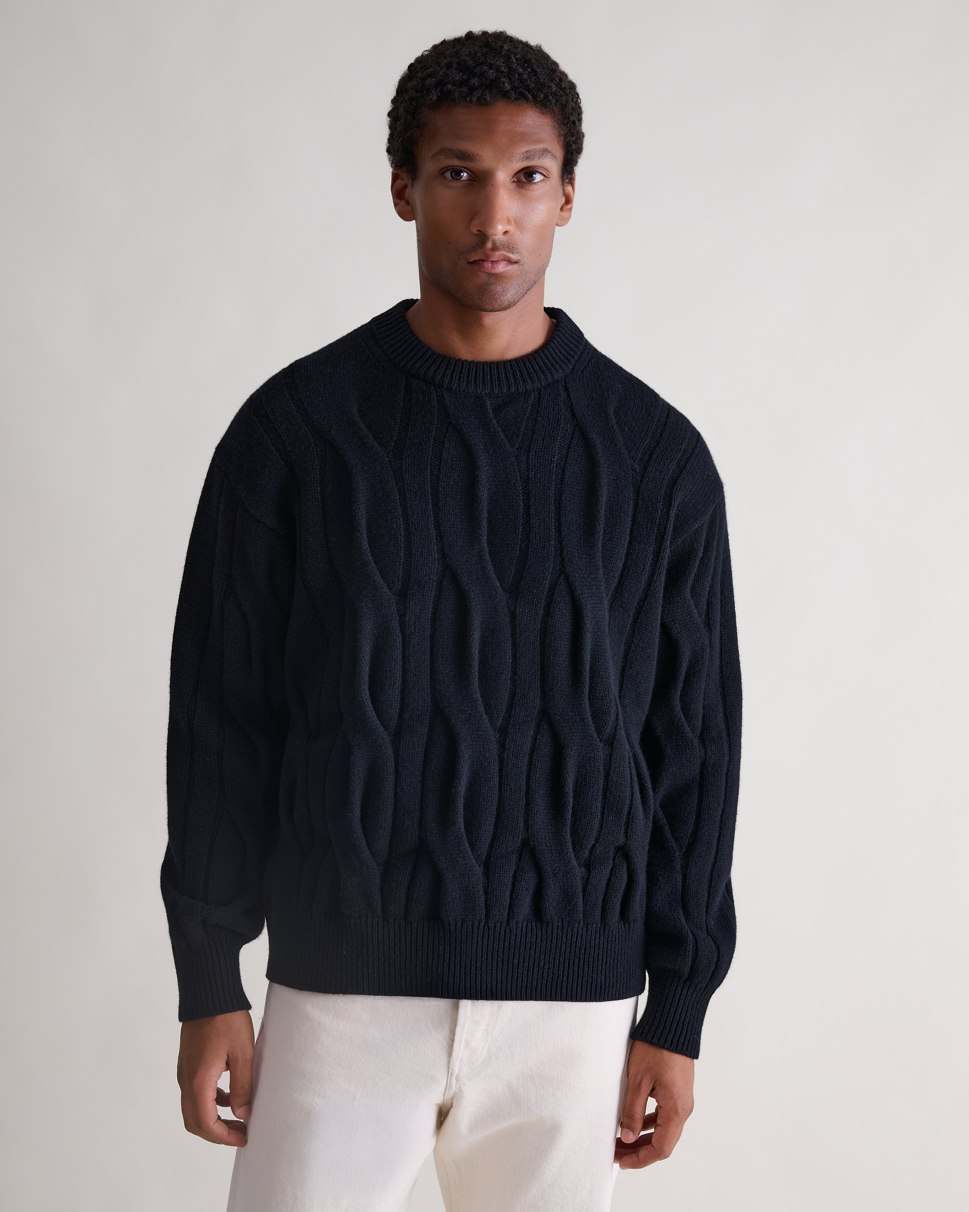 Lambswool Cable Knit Crew Neck Jumper - Black