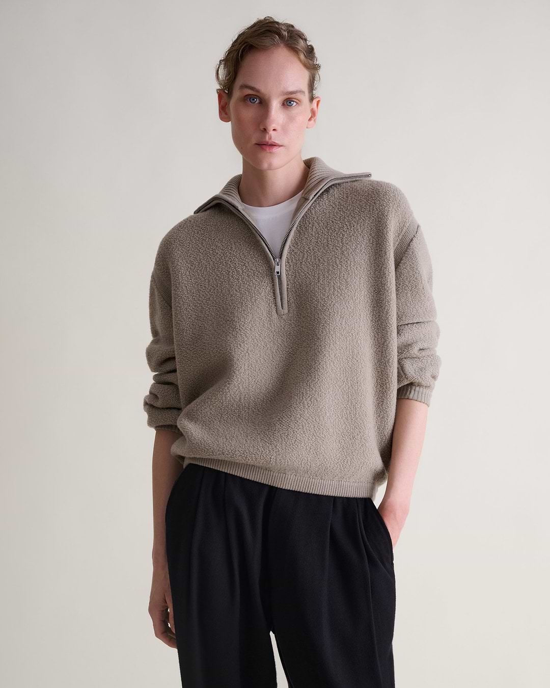 Women's Merino Wool Loop Knit Funnel Neck Jumper - Putty