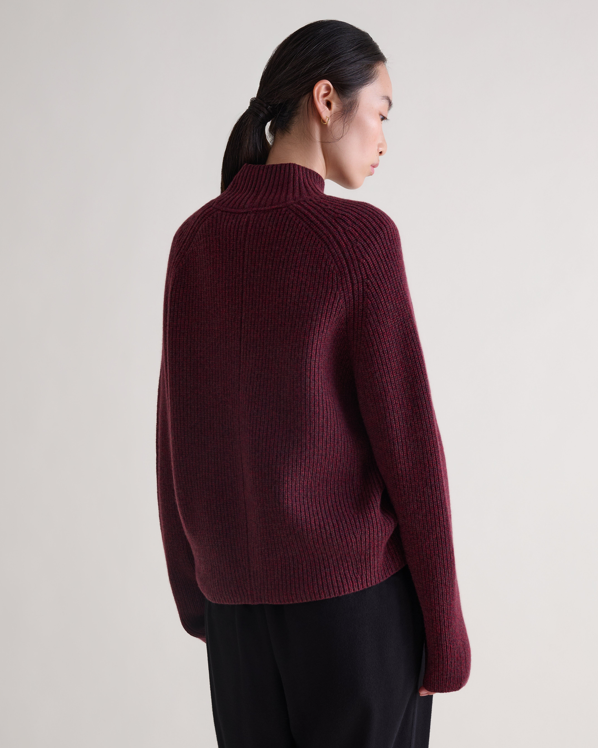 Women's Cashmere Merino Ribbed High Neck Jumper - Oxblood Moulinee