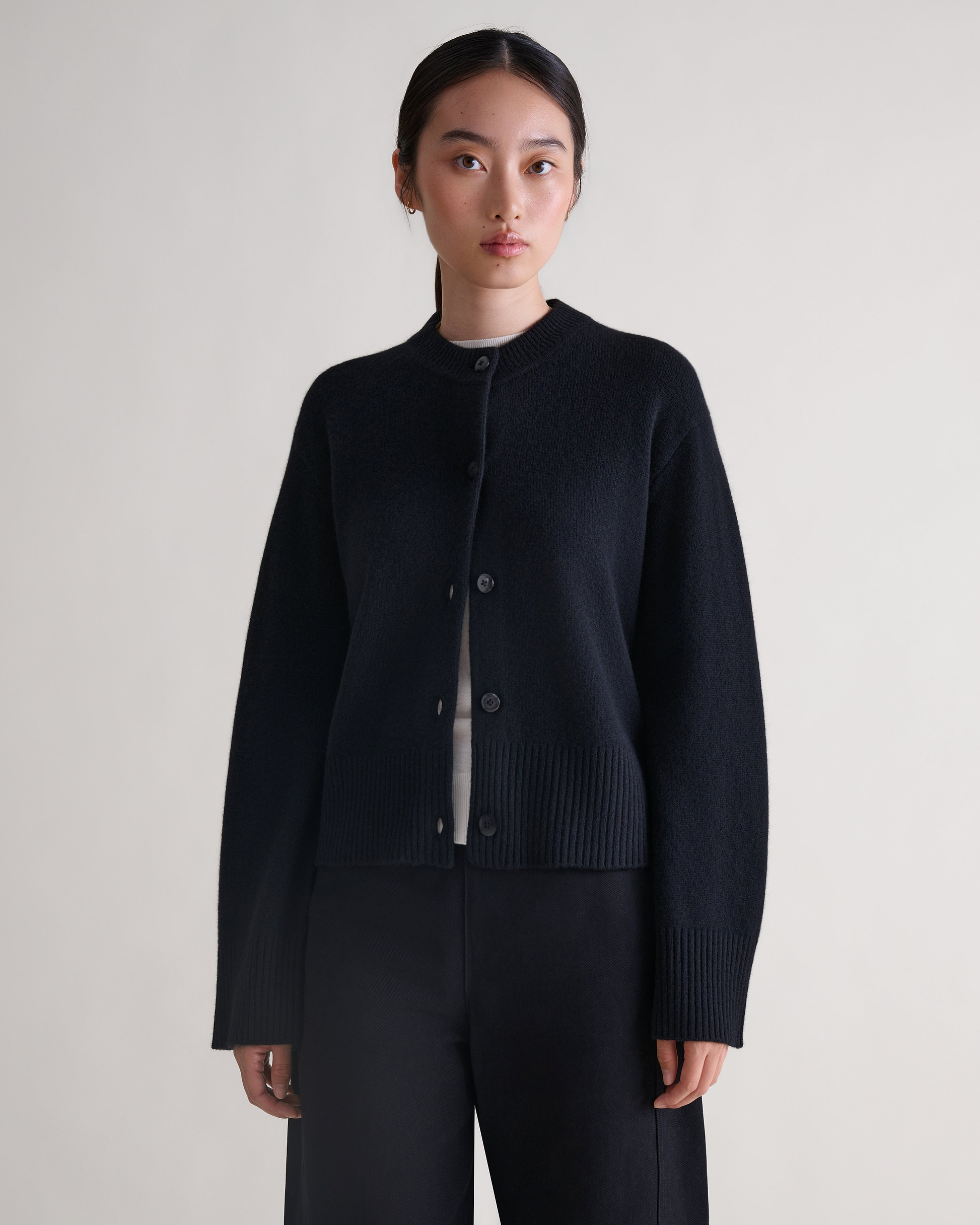 Women's Wool Crew Neck Cardigan - Black