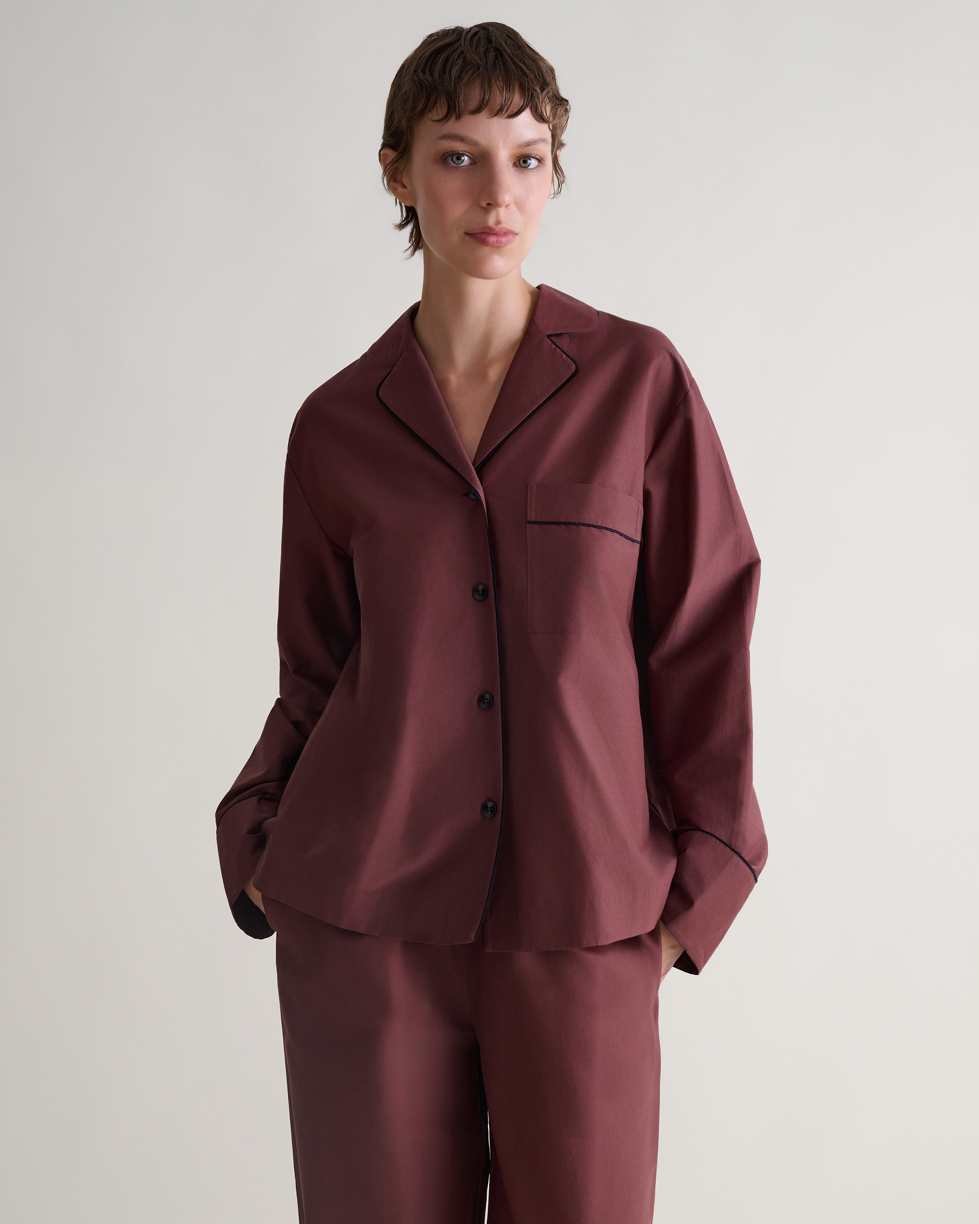 Women's Silk Cotton Pyjama Set - Umber/Black