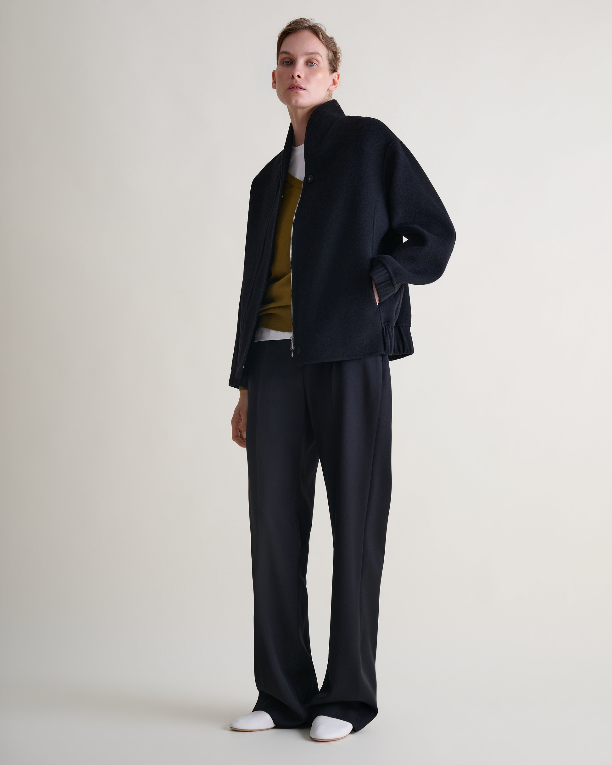 Women's Cashmere Wool Double Faced Bomber Jacket - Black