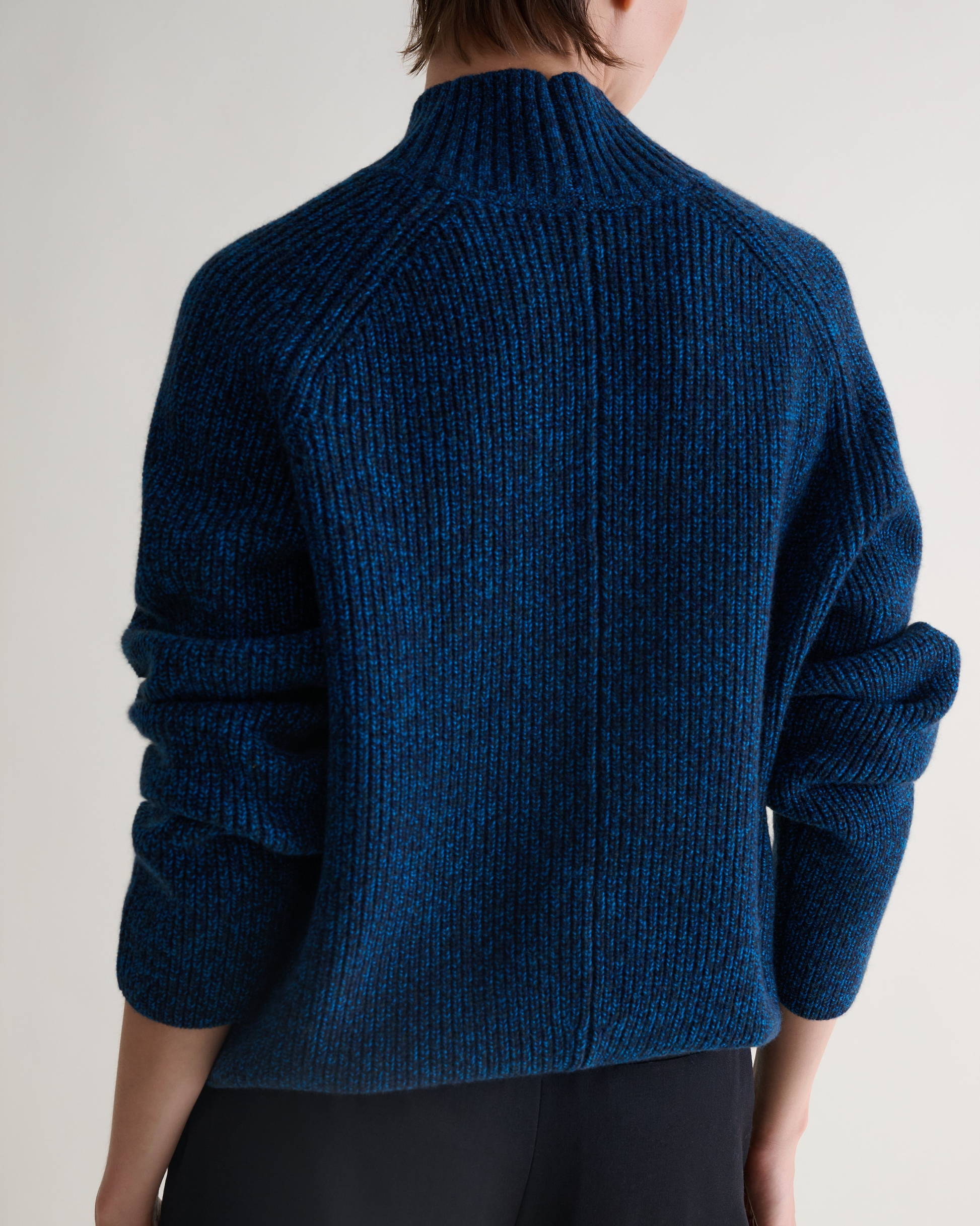 Women's Cashmere Merino Ribbed High Neck Jumper - Mood Indigo Moulinee