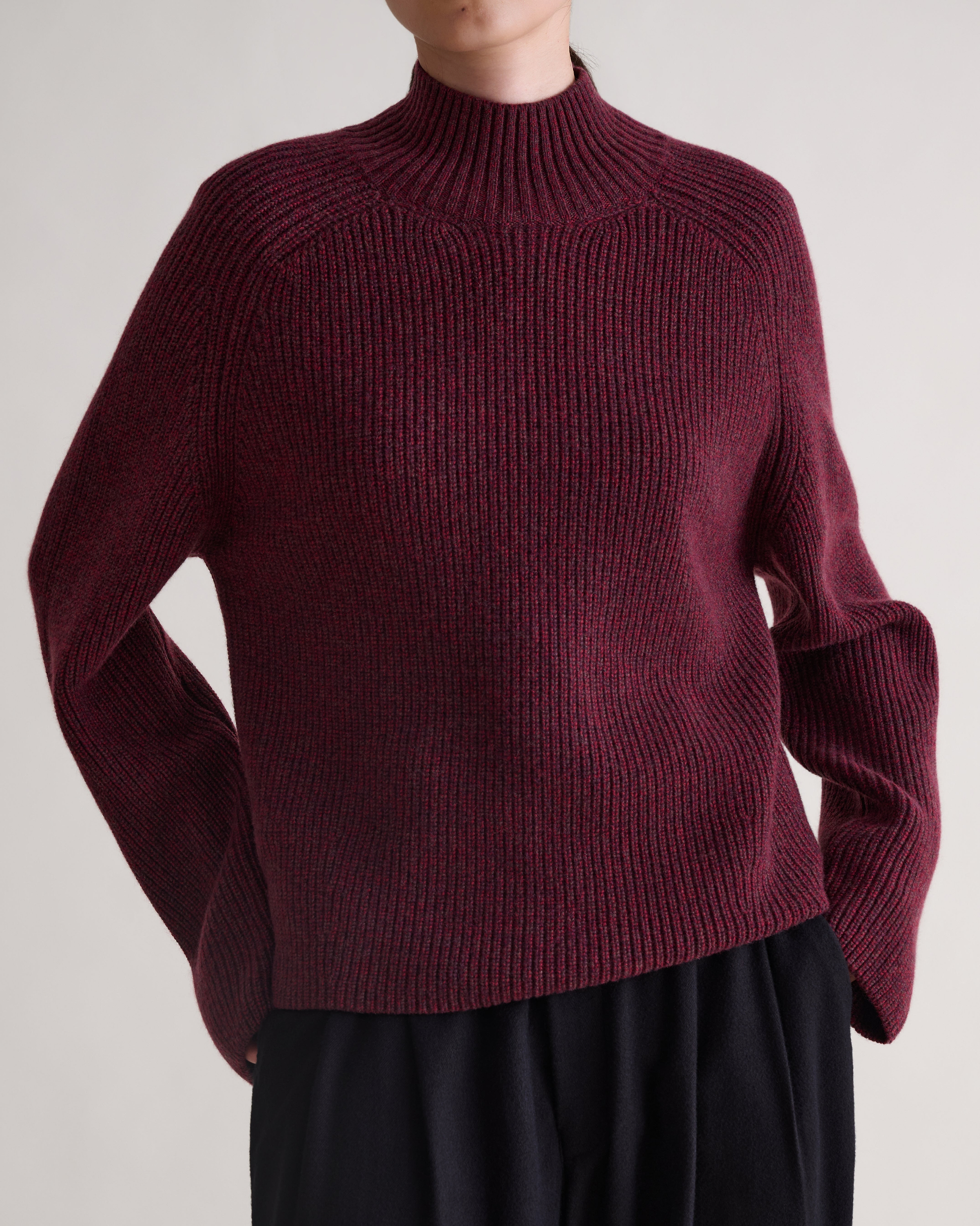 Women's Cashmere Merino Ribbed High Neck Jumper - Oxblood Moulinee
