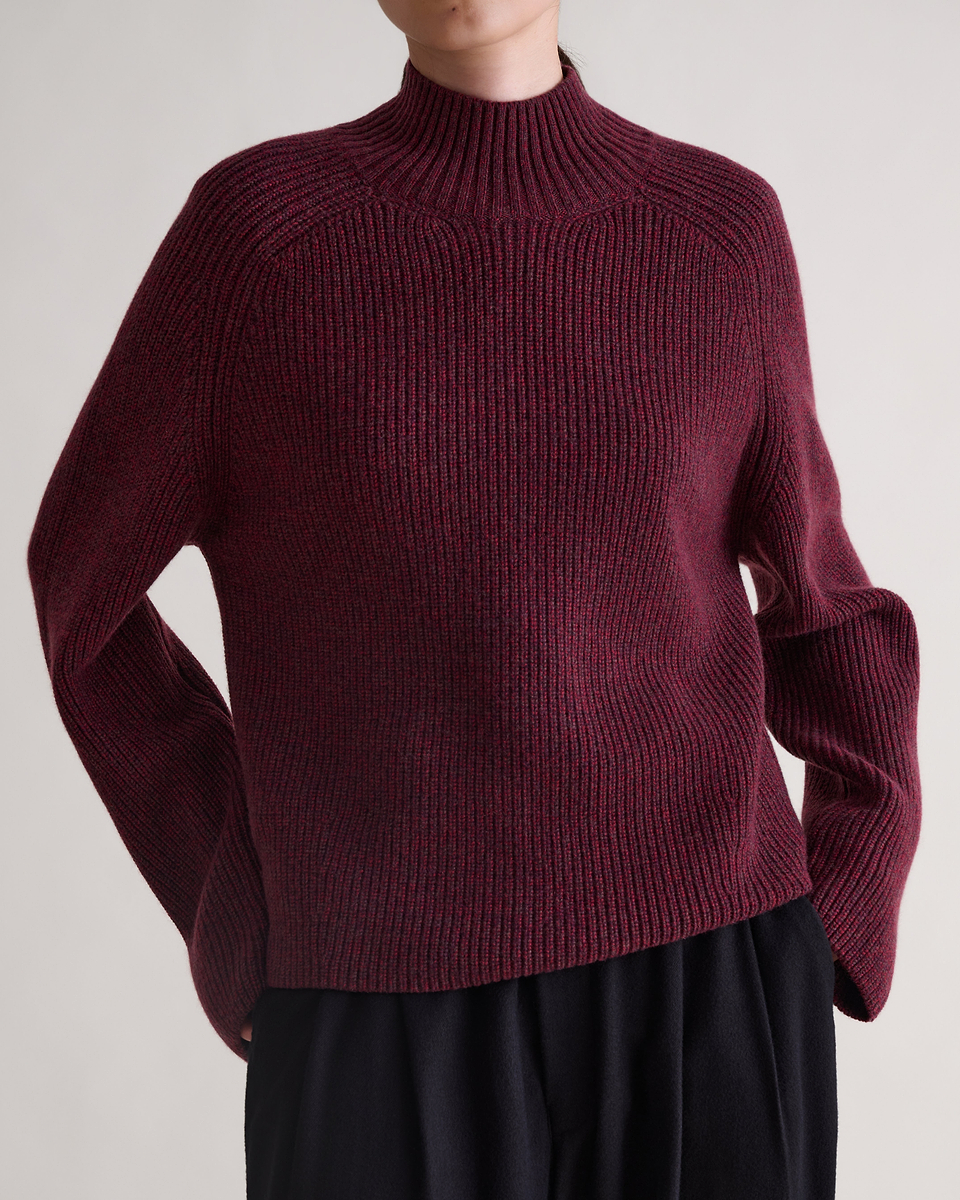 Women's Cashmere Merino Ribbed High Neck Jumper - Oxblood Mouline