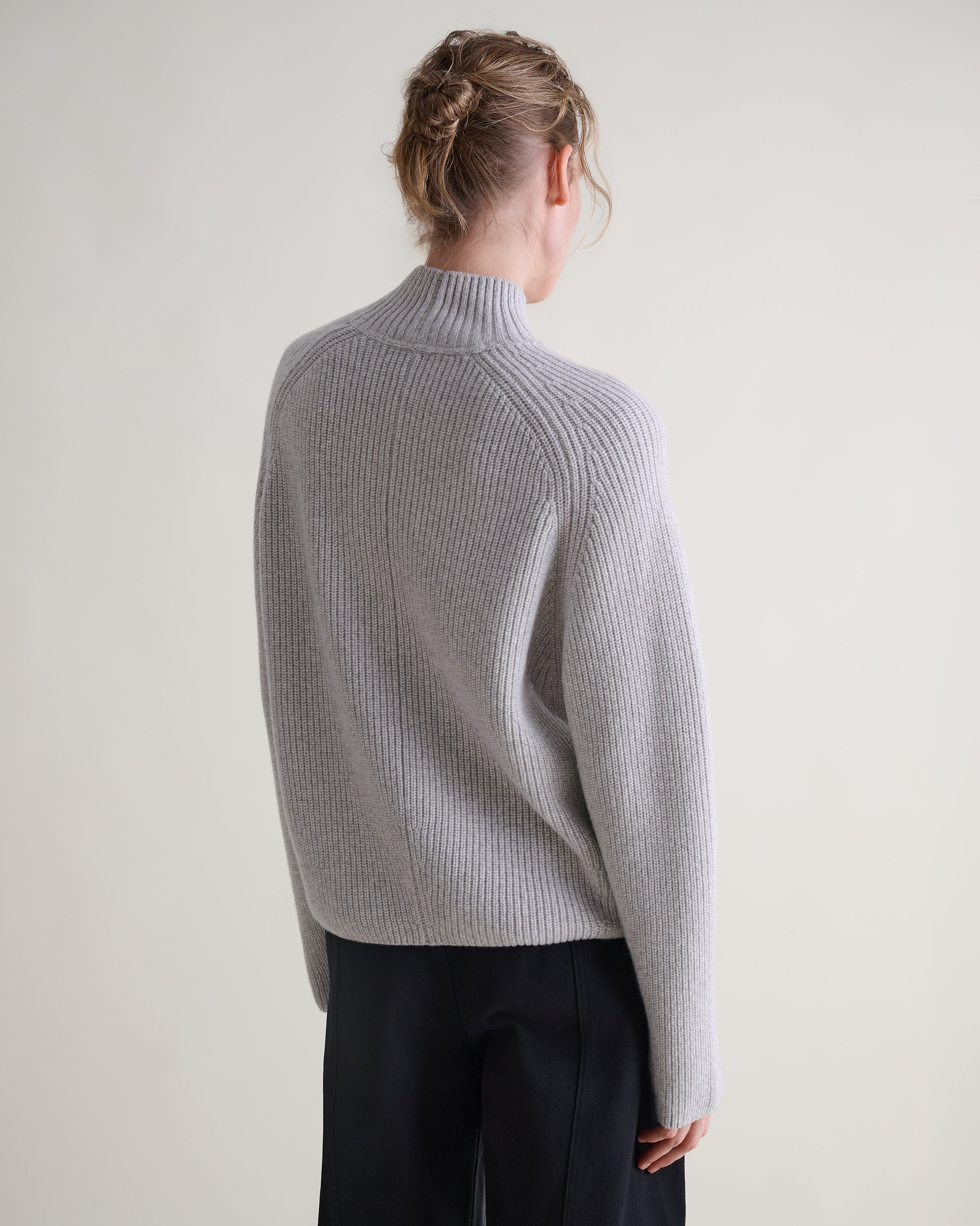 Women's Cashmere Merino Ribbed High Neck Jumper - Travertine Moulinee