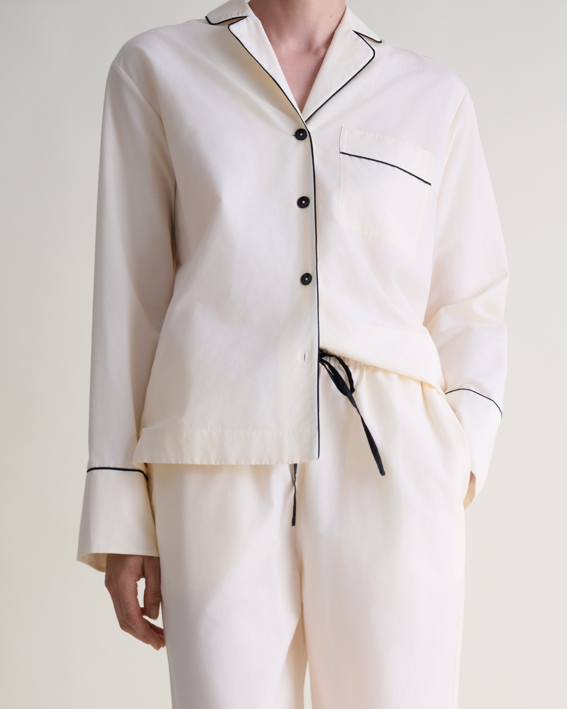 Women's Silk Cotton Pyjama Set - Buttermilk/Black