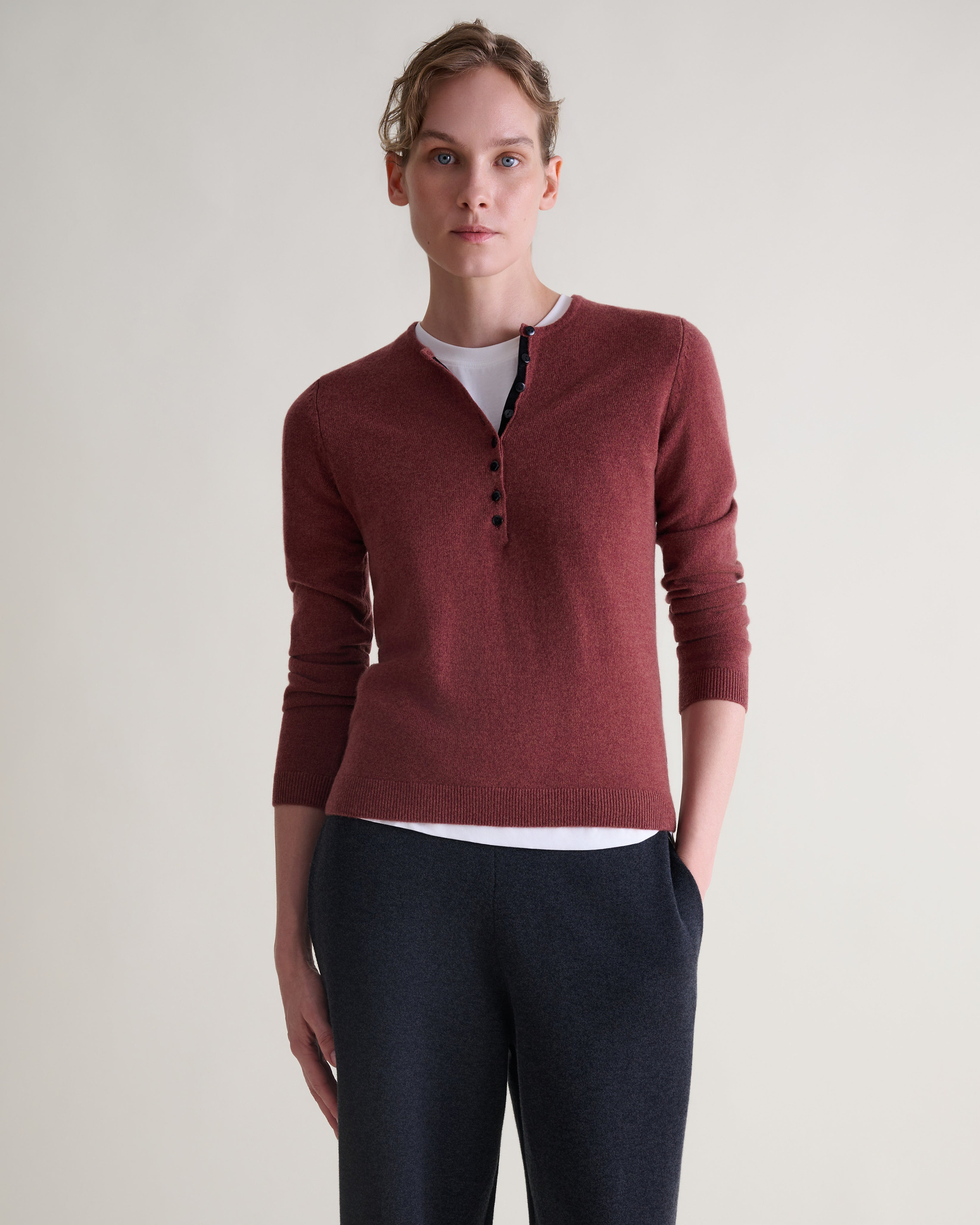 Women's Cashmere Merino Henley Jumper - Deep Clay