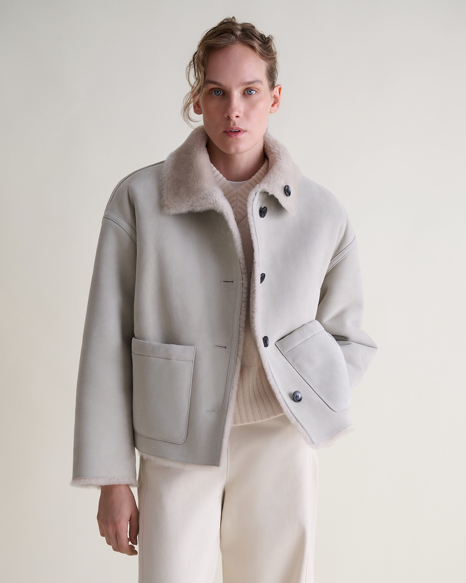 Women's Reversible Shearling Funnel Neck Jacket - Bone