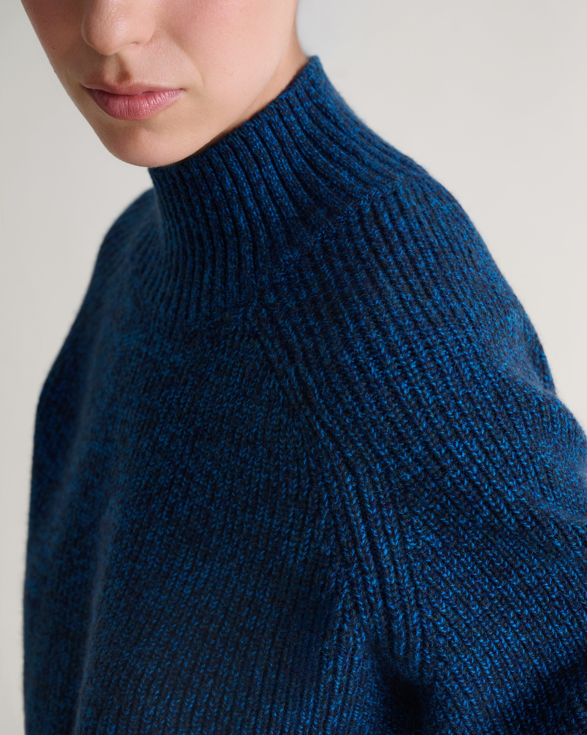 Women's Cashmere Merino Ribbed High Neck Jumper - Mood Indigo Moulinee