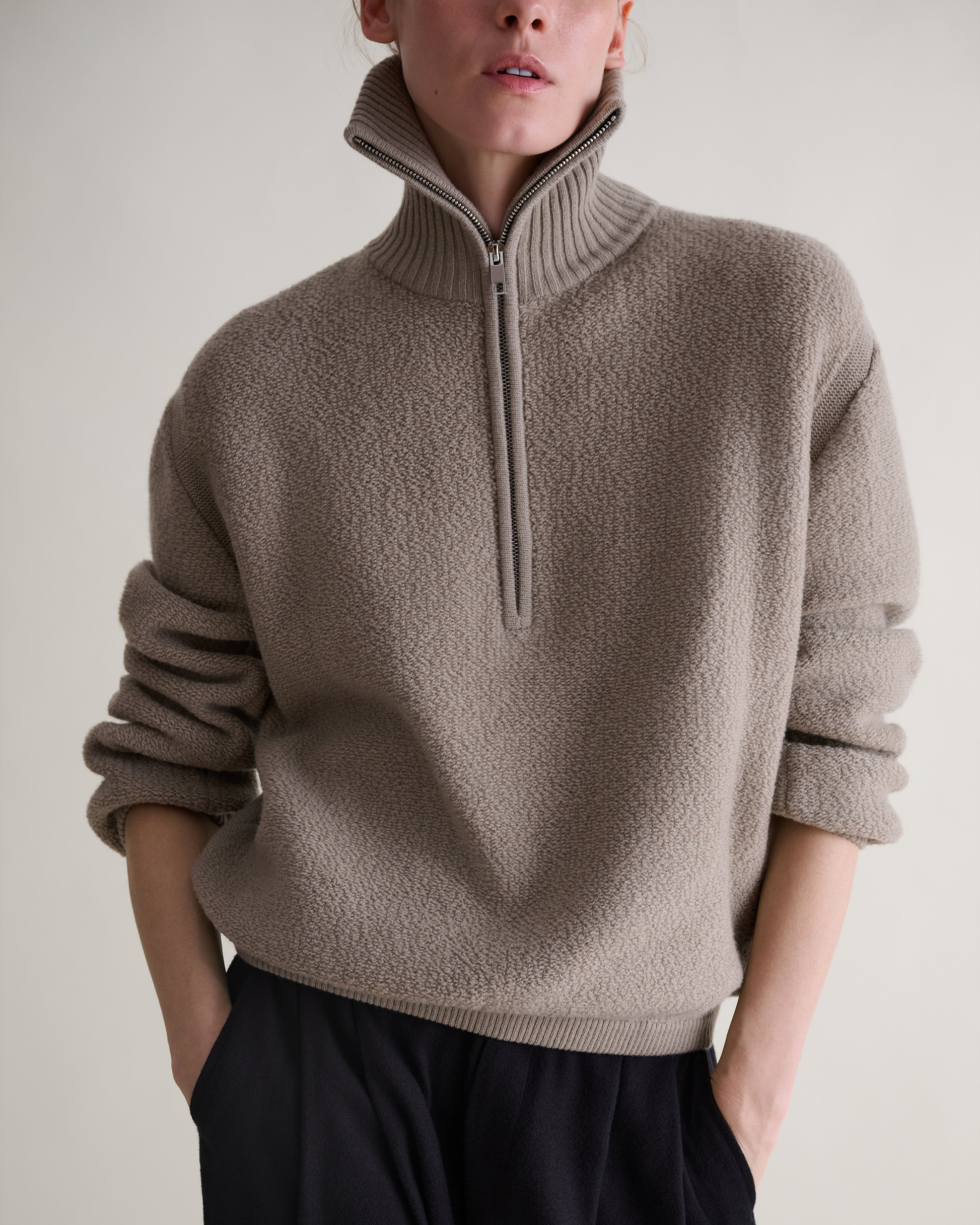 Women's Merino Wool Loop Knit Funnel Neck Jumper - Putty