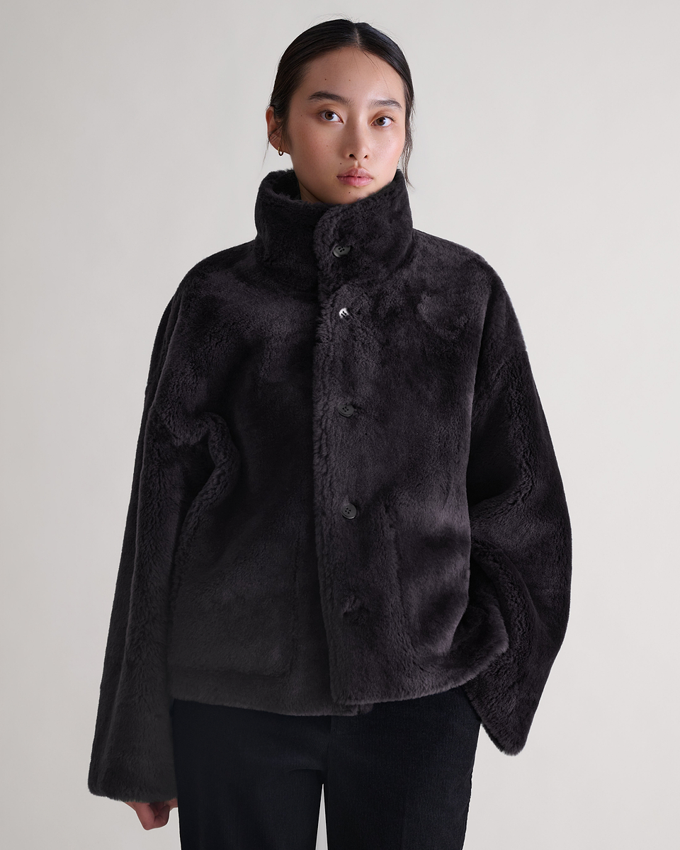 Women's Reversible Shearling Funnel Neck Jacket - Espresso