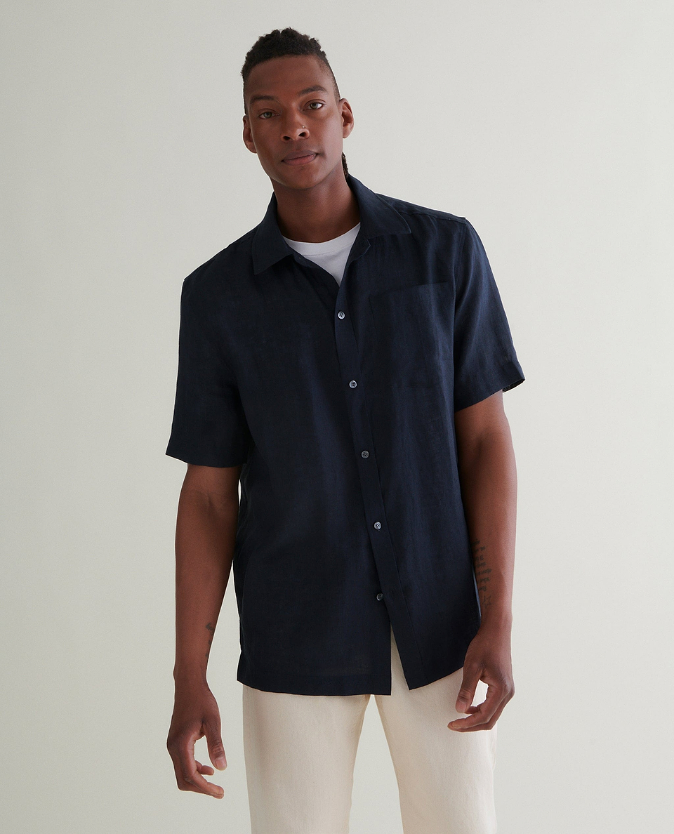 Men's Short Sleeved Organic Linen Shirt - Mood Indigo