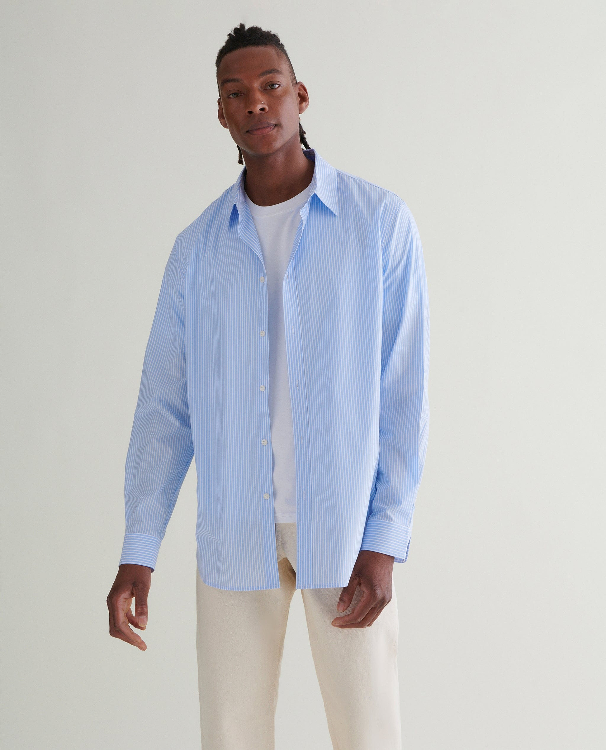 Men's Organic Cotton Poplin Shirt - Light Blue Stripe
