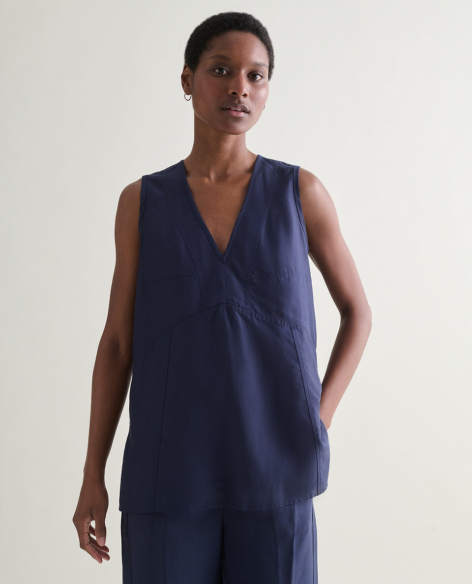 Women's Future-Linen V Neck Tunic Top - Navy