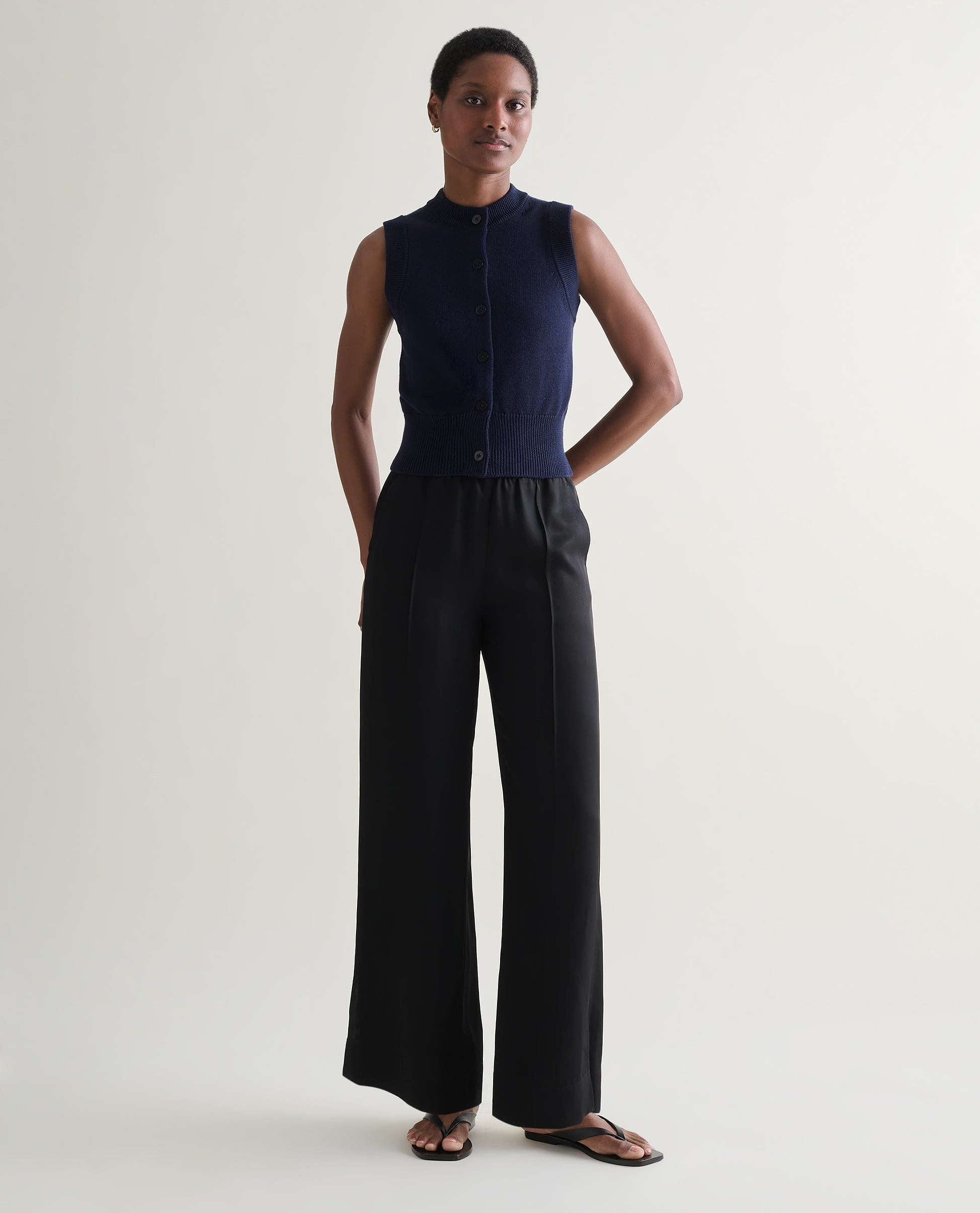 Women's Silk-Cotton Button Vest - Navy