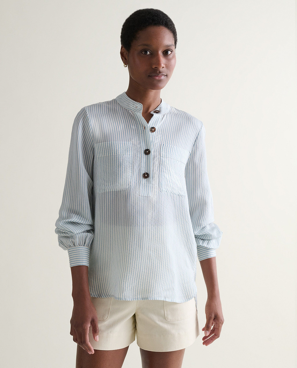 Women's Silk Stripe Grandad Collar Blouse - Blue Stripe