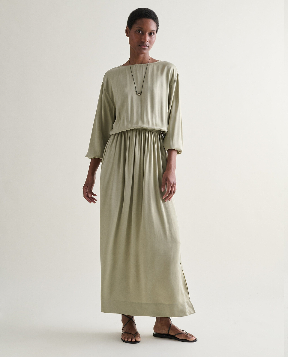 Women's Gathered Waist Easy-Silk Dress - Dried Sage