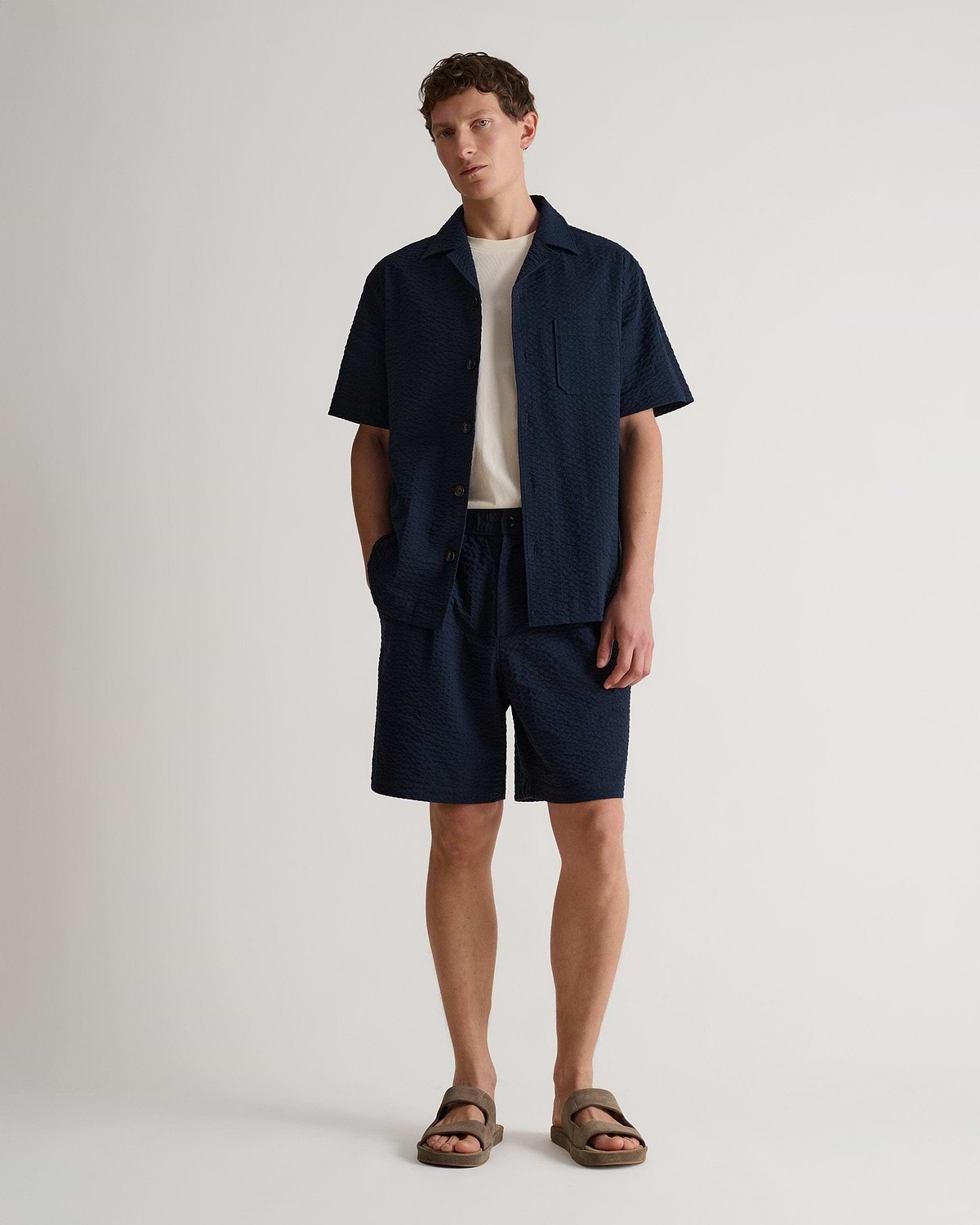 Men's Cotton Seersucker Cuban Collar Shirt - Indigo