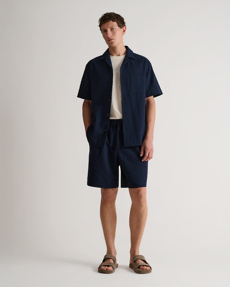 Men's Cotton Seersucker Cuban Collar Shirt - Indigo