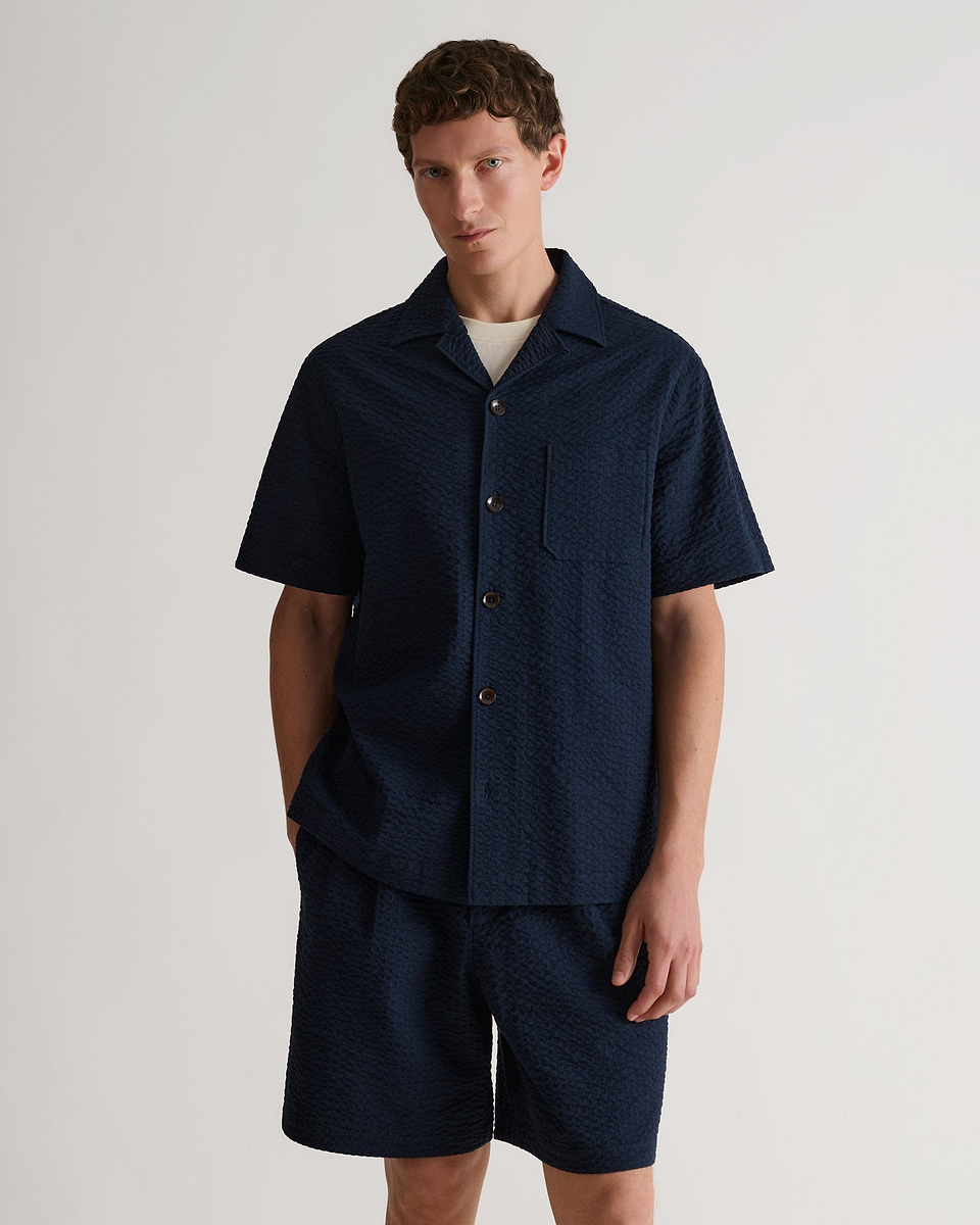 Men's Cotton Seersucker Cuban Collar Shirt - Indigo