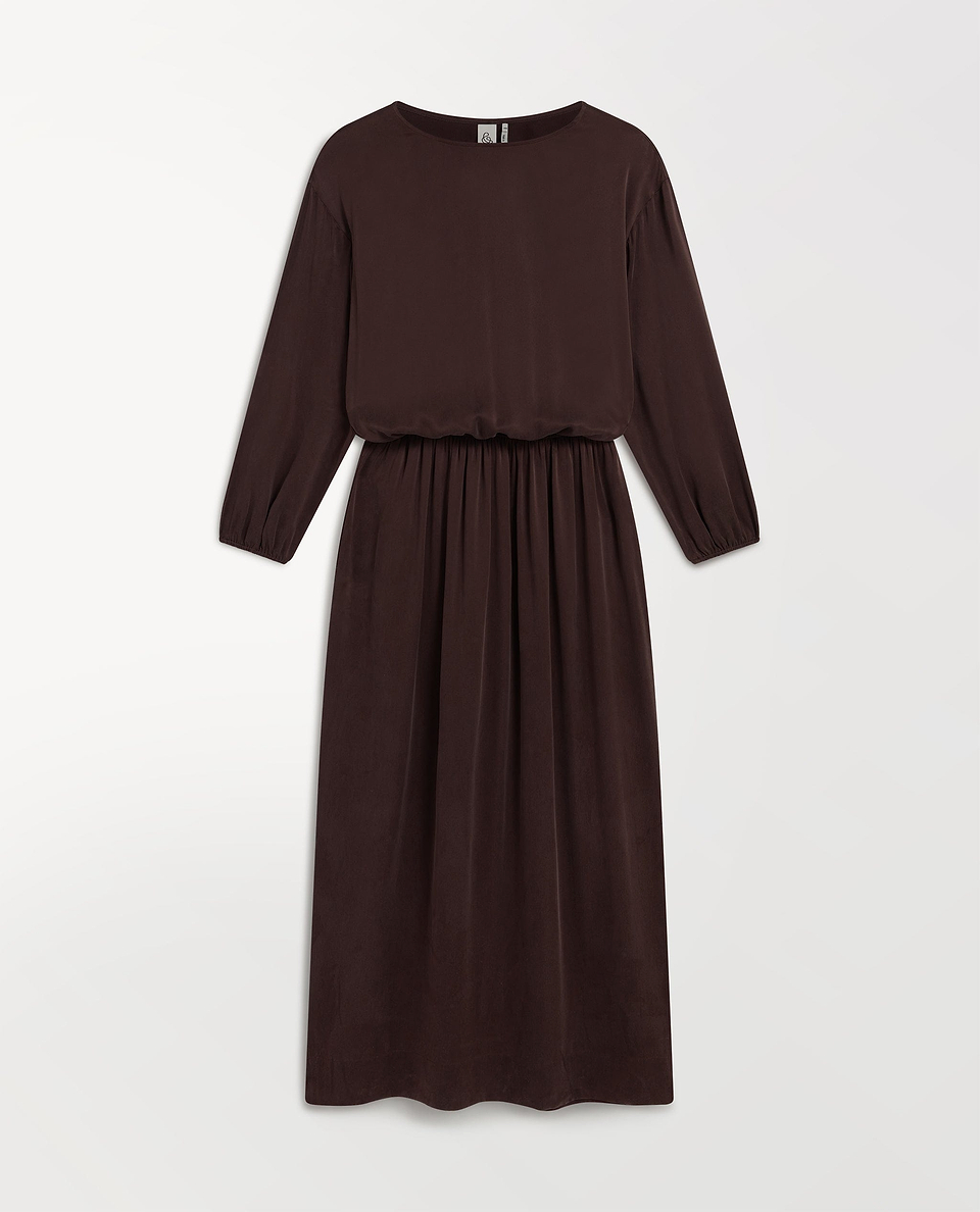 Women's Gathered Waist Easy-Silk Dress - Umber