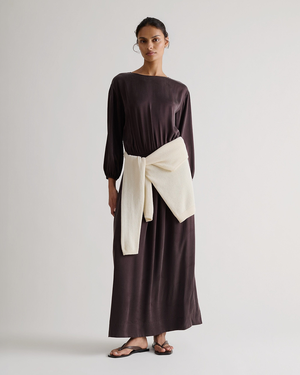 Women's Gathered Waist Easy-Silk Dress - Umber