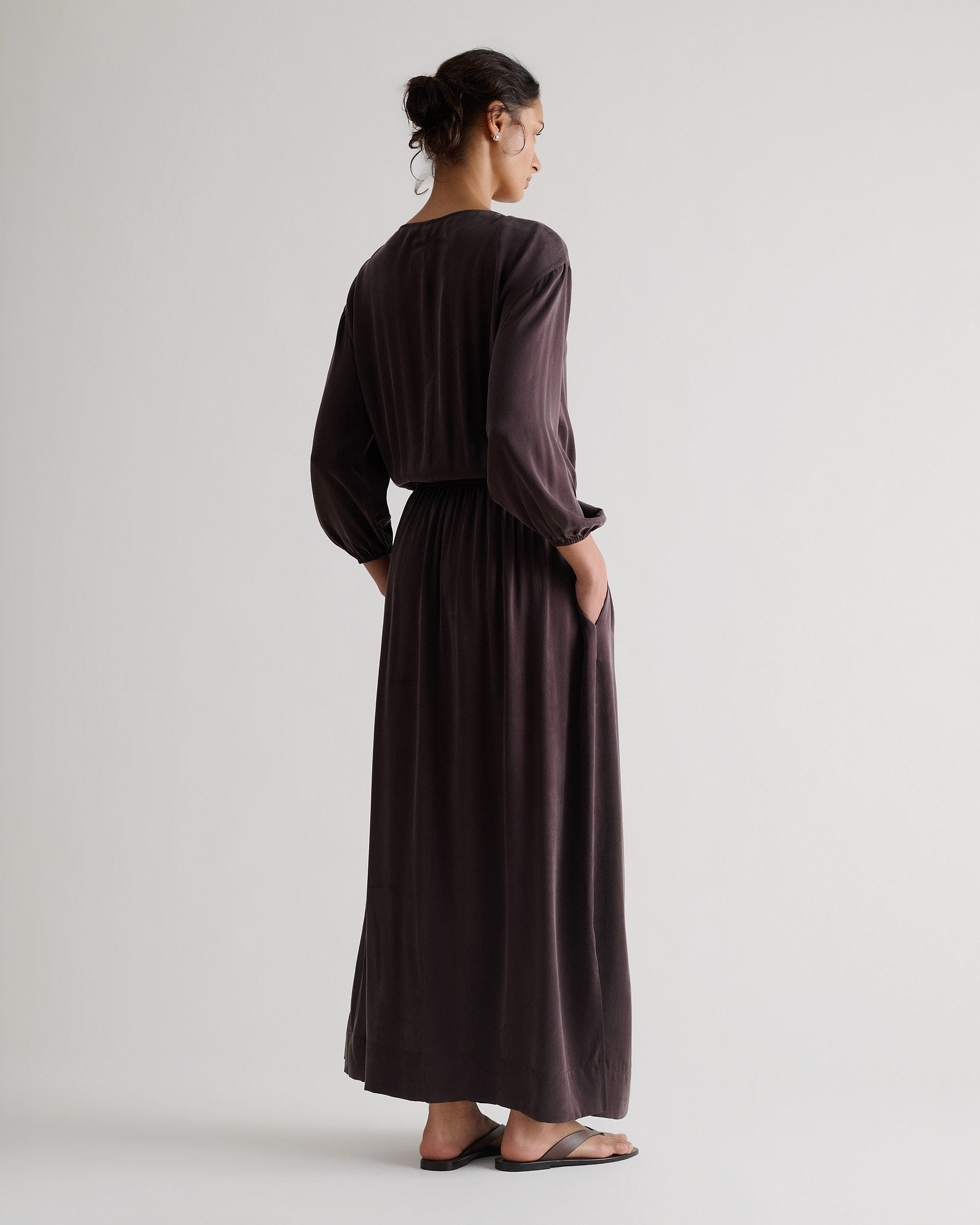 Women's Gathered Waist Easy-Silk Dress - Umber
